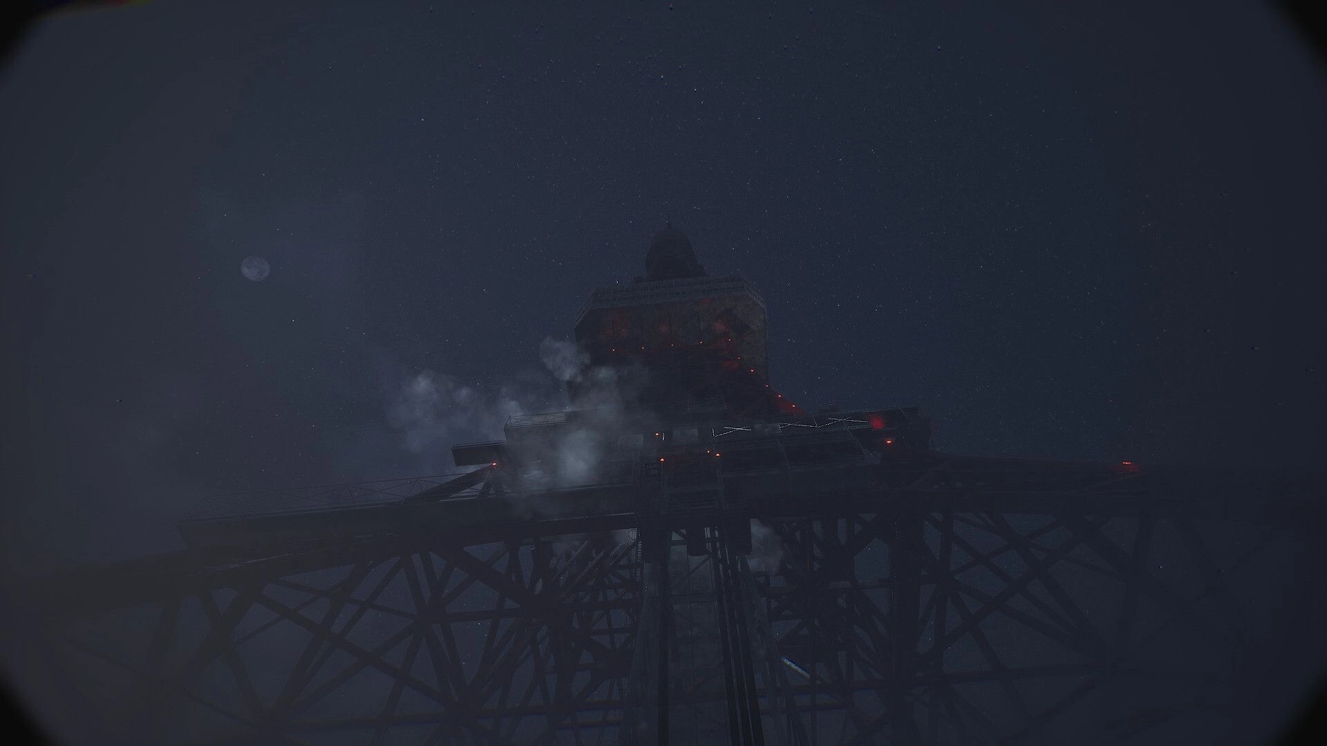 BrokenLore: Distant tower platform with red warning lights and smoke rising in dense night fog.