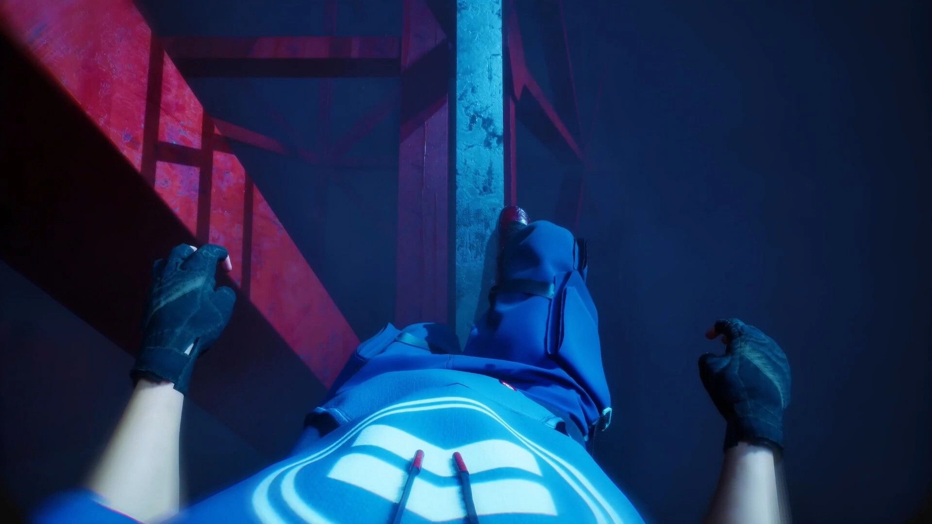 BrokenLore: First-person climber reaches for a ladder on a red steel tower in blue foggy night air.
