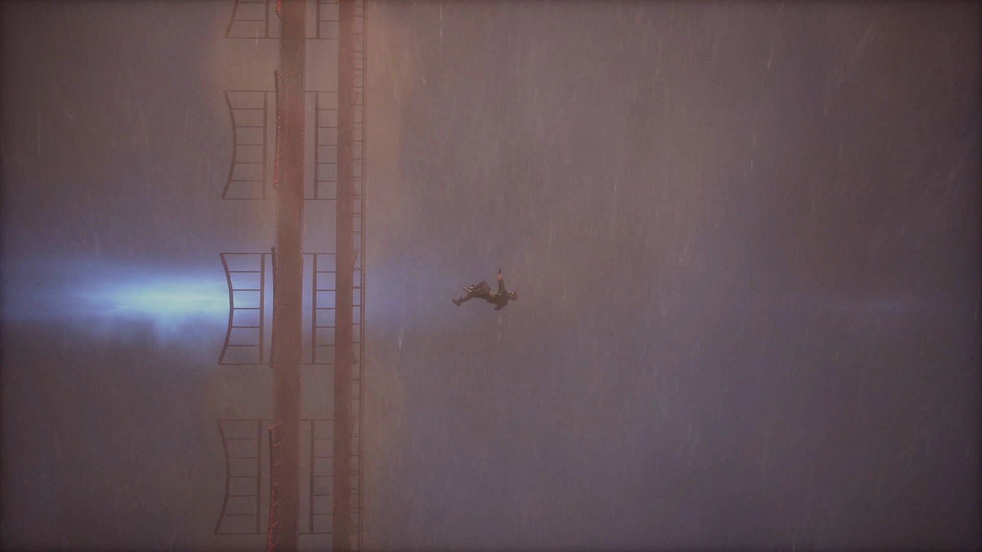 BrokenLore: Lone climber falls past a towering scaffold in heavy rain and fog, lit by a blue beam.