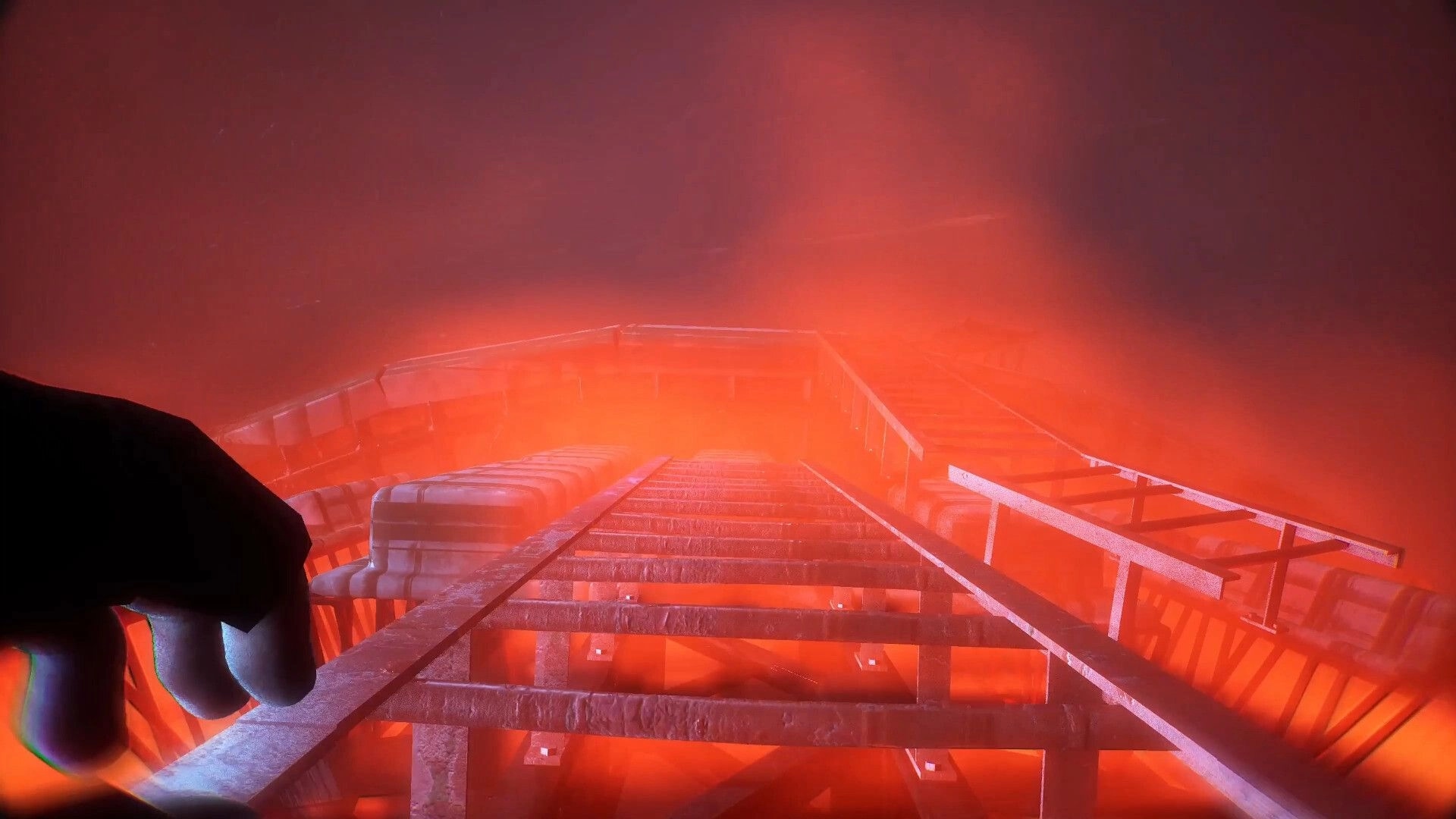 BrokenLore: First-person view climbing a rusted metal walkway into red fog inside a tower void.
