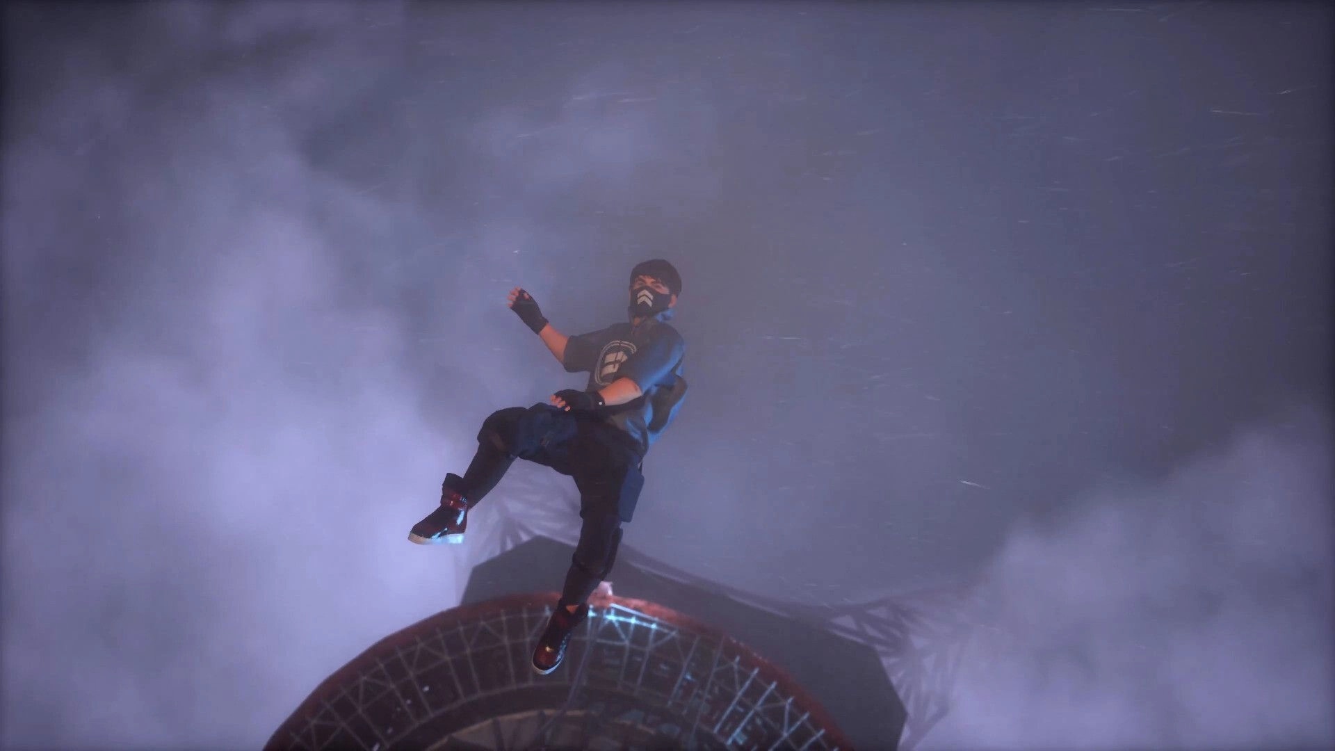 BrokenLore: Masked climber slips midair above a circular tower platform in dense fog and wind.