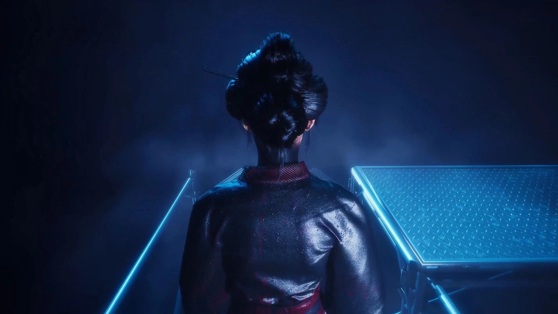 BrokenLore: Woman seen from behind on a neon-lit platform beside a metal crate in blue fog.