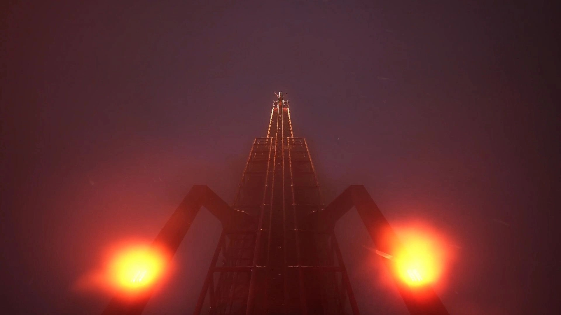 BrokenLore: First-person view up a towering metal ladder framed by orange lights in dense fog.