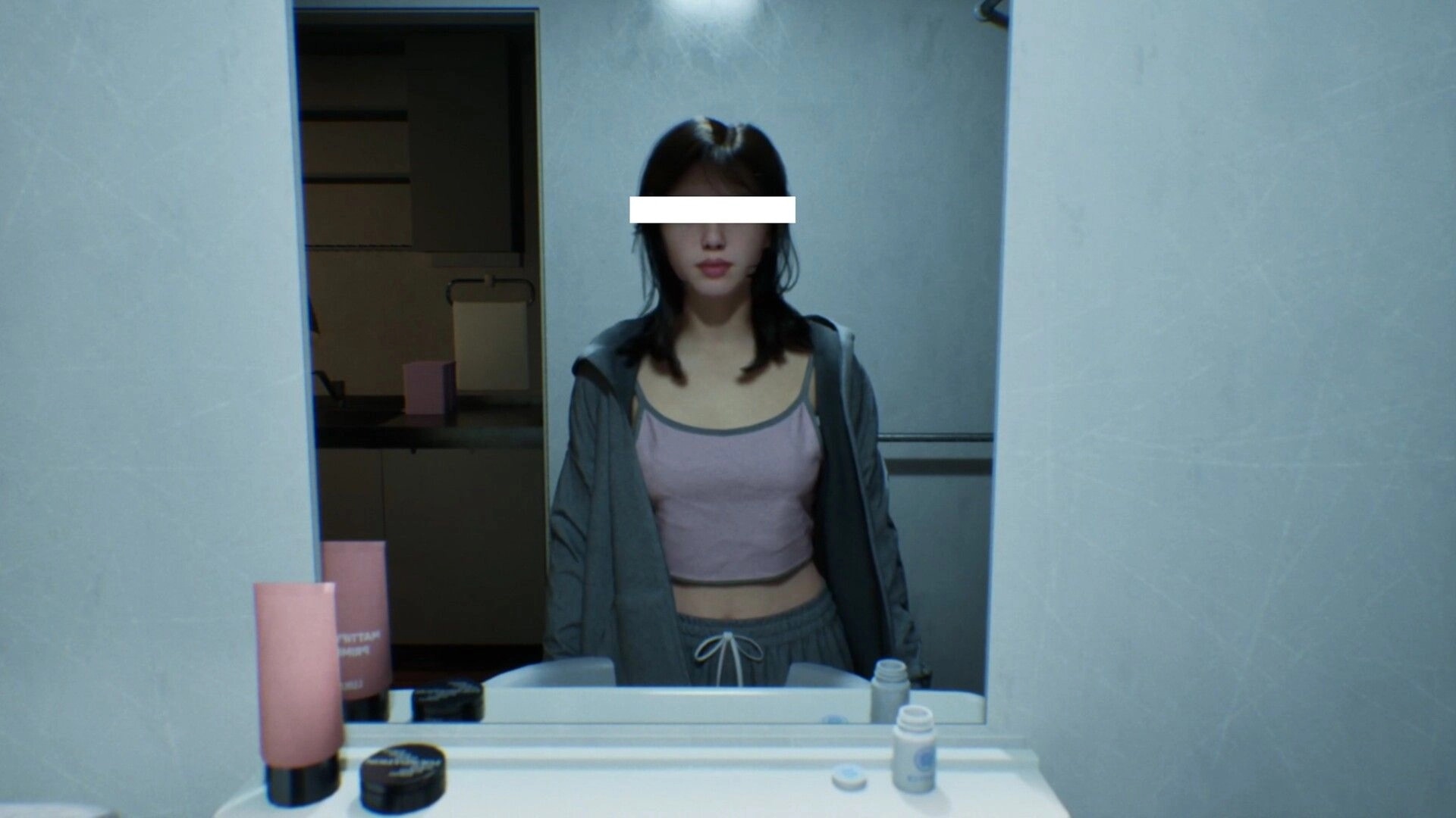 BrokenLore: Woman staring into bathroom mirror with toiletries on sink, medicine bottles in view.