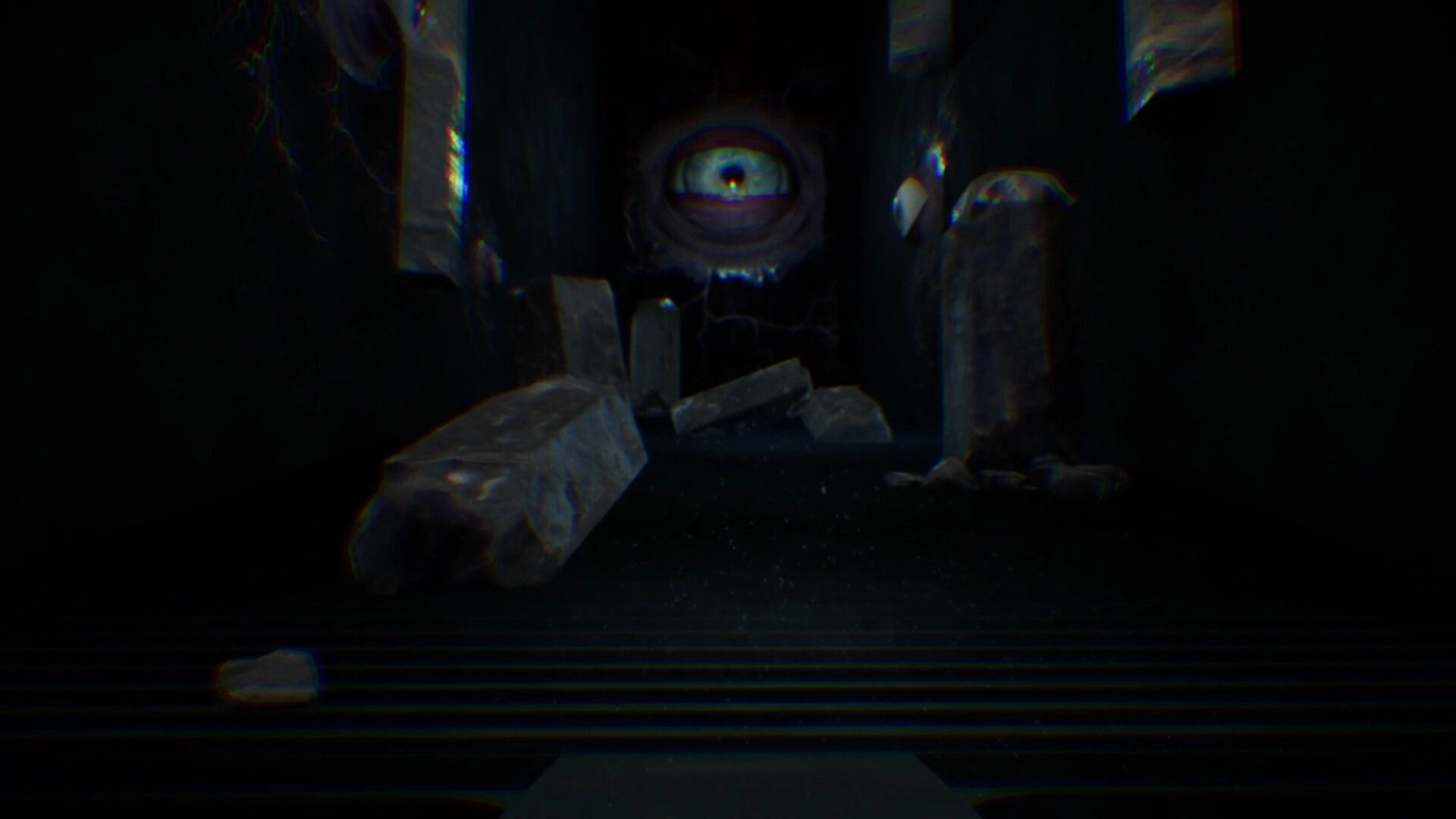 BrokenLore: One giant eye stares from a dark void surrounded by floating stone slabs and rubble.