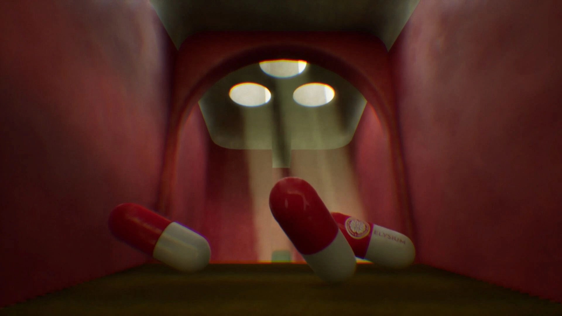BrokenLore: First-person view of red-and-white capsules under a bright dental lamp in a mouth-like room.