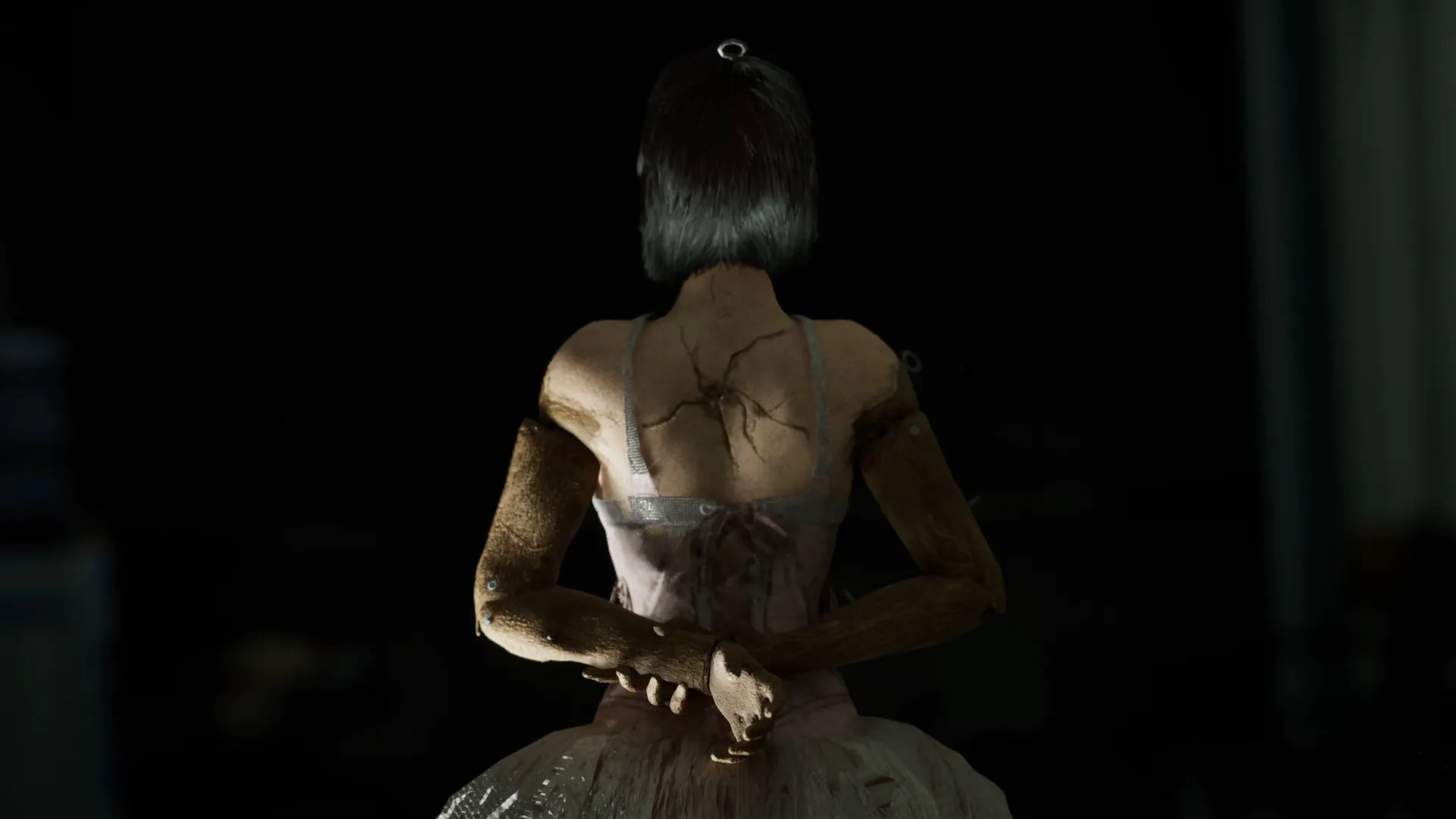 BrokenLore: Anne with cracked skin stands in darkness, wearing a tattered dress, facing away from view.