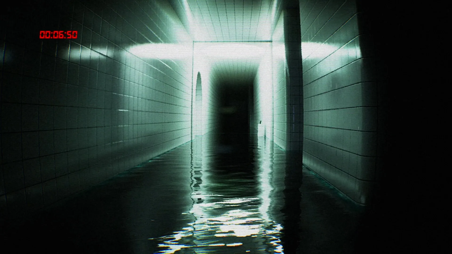 BrokenLore: Flooded corridor with timer showing 00:06:50, eerie lighting and tiled walls