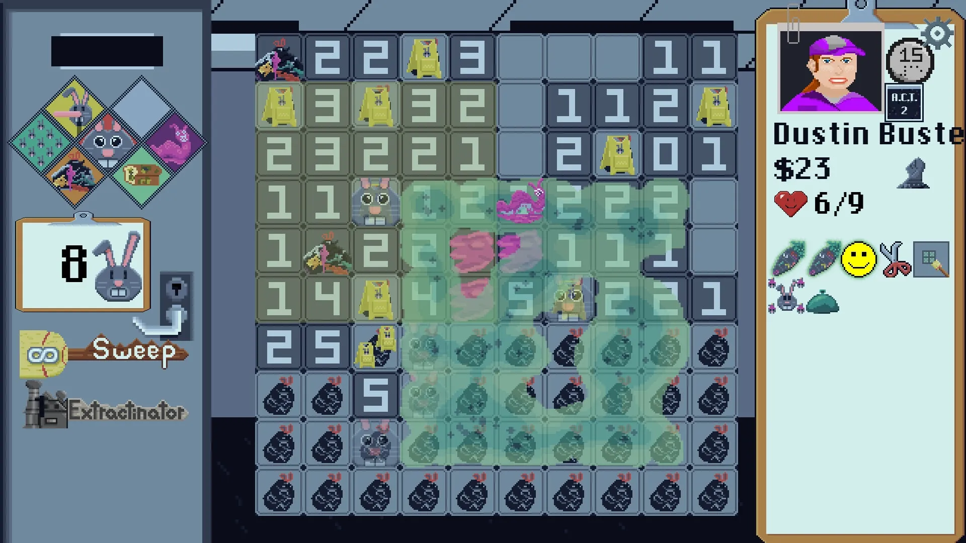 BroomSweeper: Puzzle grid with numbered tiles and character Dustin Buster's stats in an office setting.
