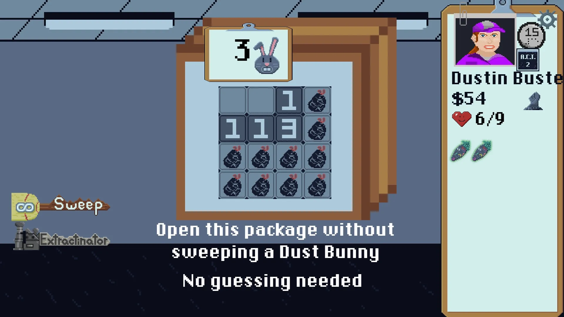 BroomSweeper: Puzzle grid with Dust Bunnies, character stats for Dustin Buster, and action buttons