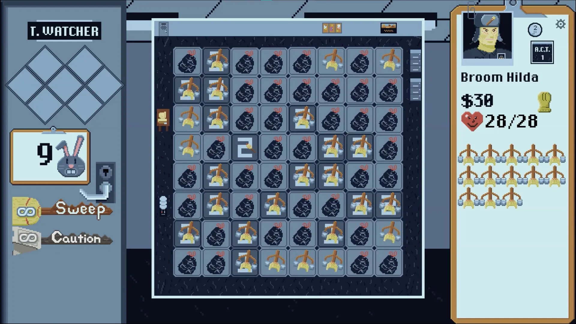 BroomSweeper: Grid with brooms and dust bunnies, character Broom Hilda's stats and inventory on the side