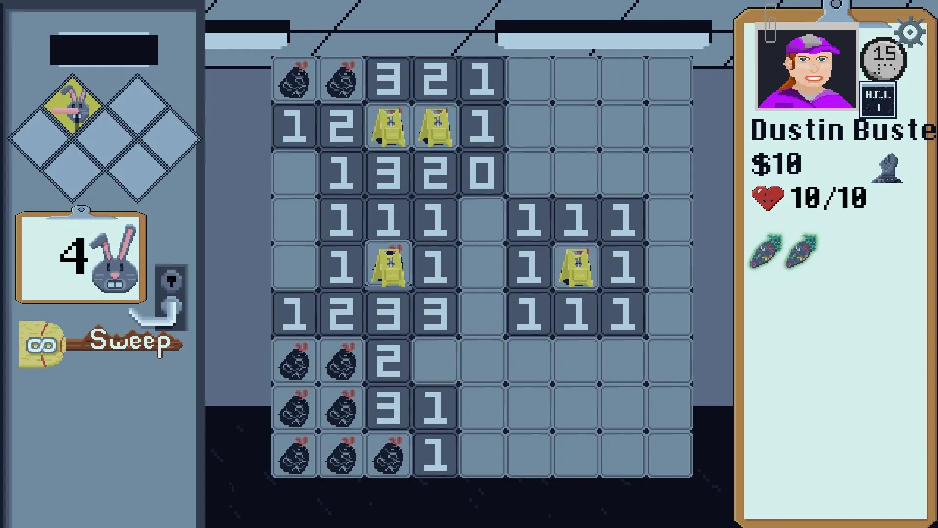 BroomSweeper: Character Dustin Buster solves grid puzzle with bombs and dust bunnies in office setting