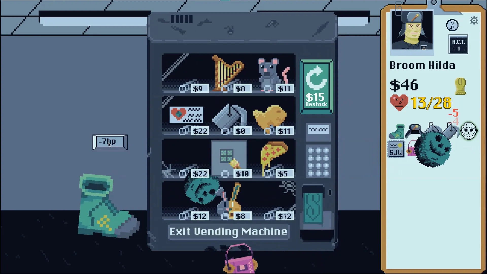 BroomSweeper: Broom Hilda interacting with a vending machine offering quirky items and health details