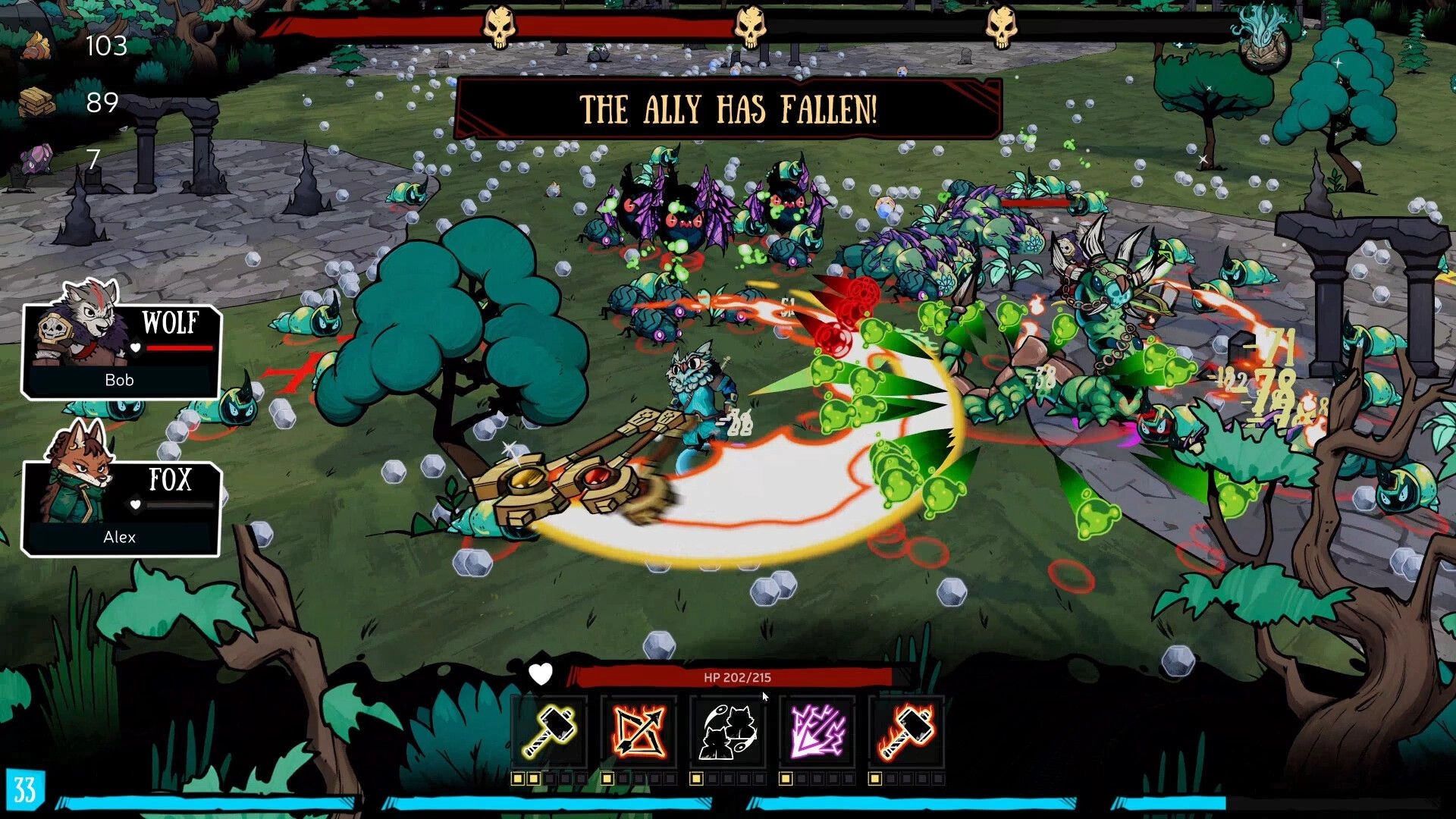 Broventure: Wolf character Bob fighting enemy horde in forest with combat UI and fallen ally notification.