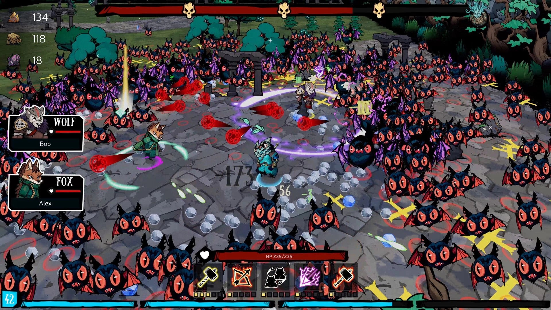 Broventure: Bob and Alex battle hordes of enemies on a stone path, surrounded by vibrant forest scenery.