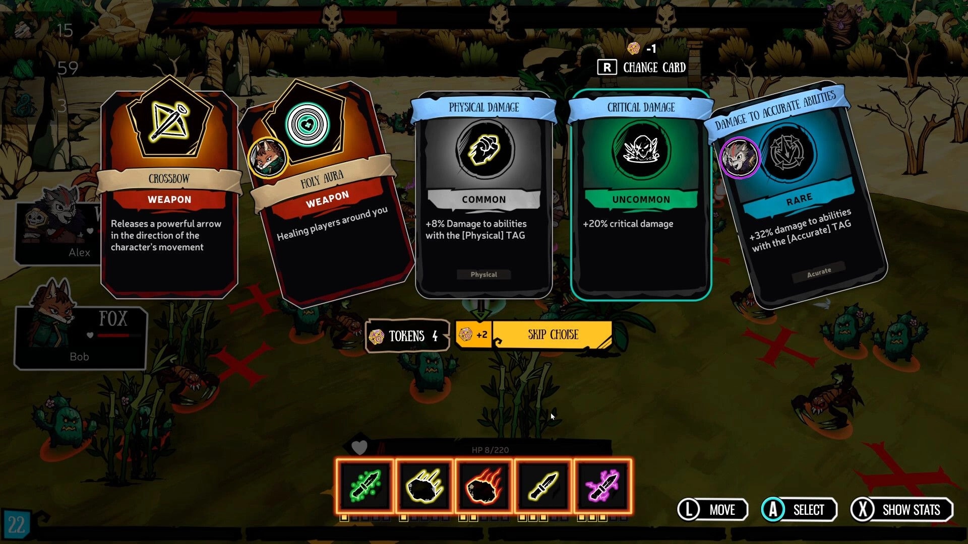 Broventure: Card selection interface with weapon choices and player avatars in a forest environment