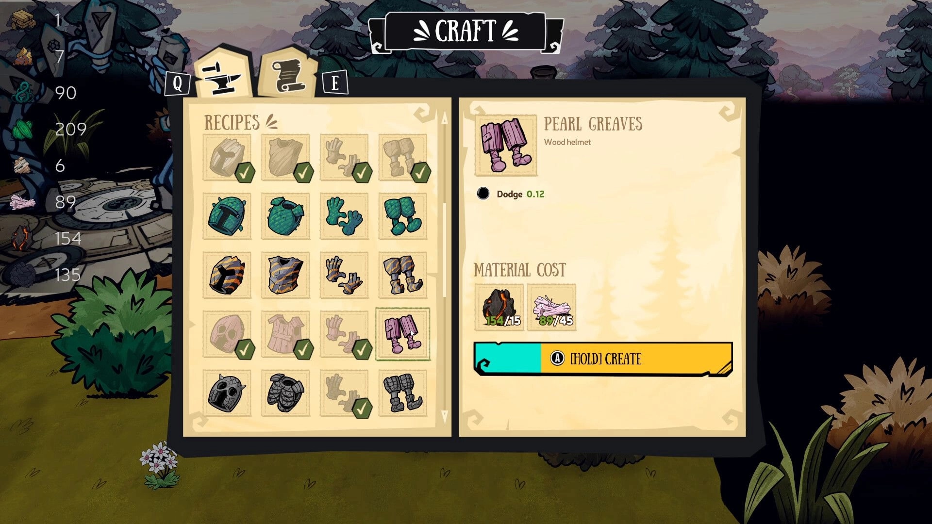 Broventure: Crafting menu with recipes for armor pieces in a lush forest setting with resource stats.