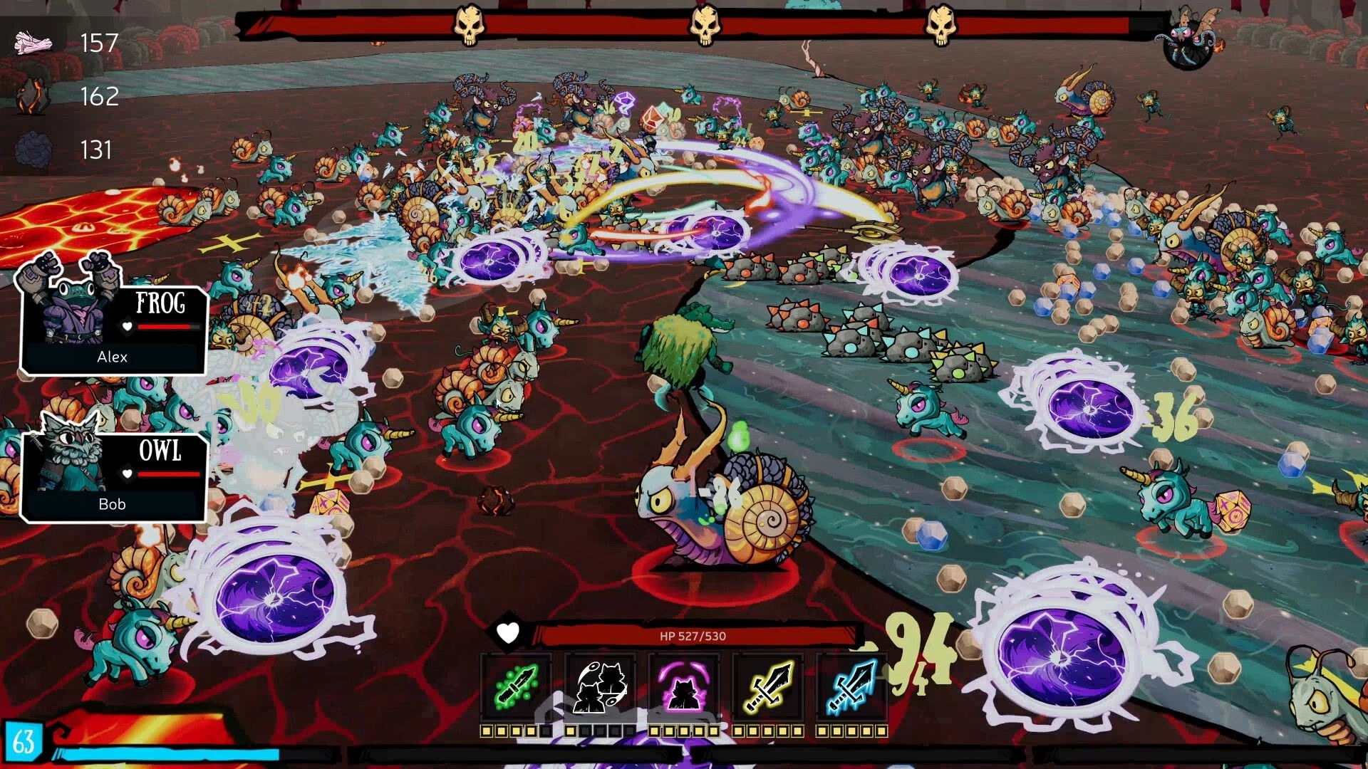 Broventure: Characters Frog Alex and Owl Bob battle hordes in a chaotic, enemy-filled terrain.