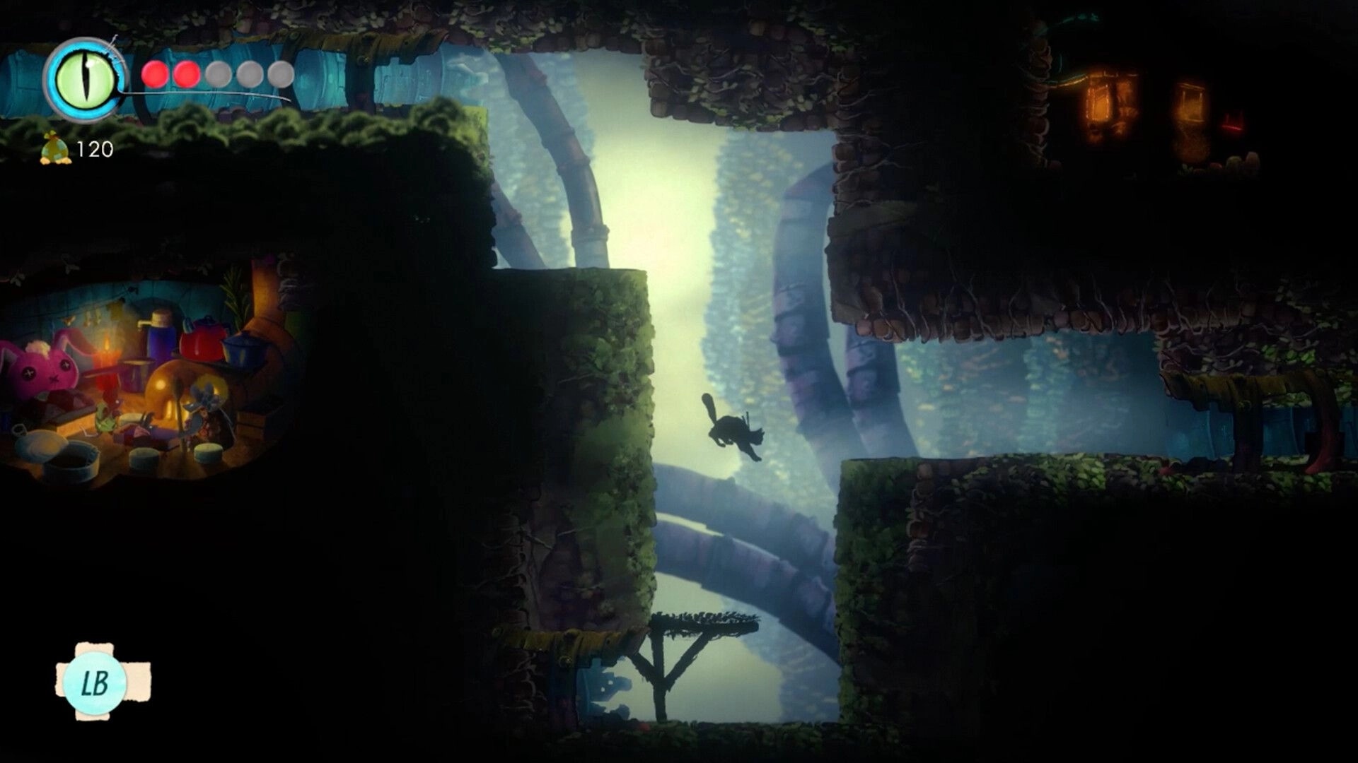 Bruma: Cat silhouette mid-jump between mossy platforms in misty ruins, health orbs and 120 UI visible.