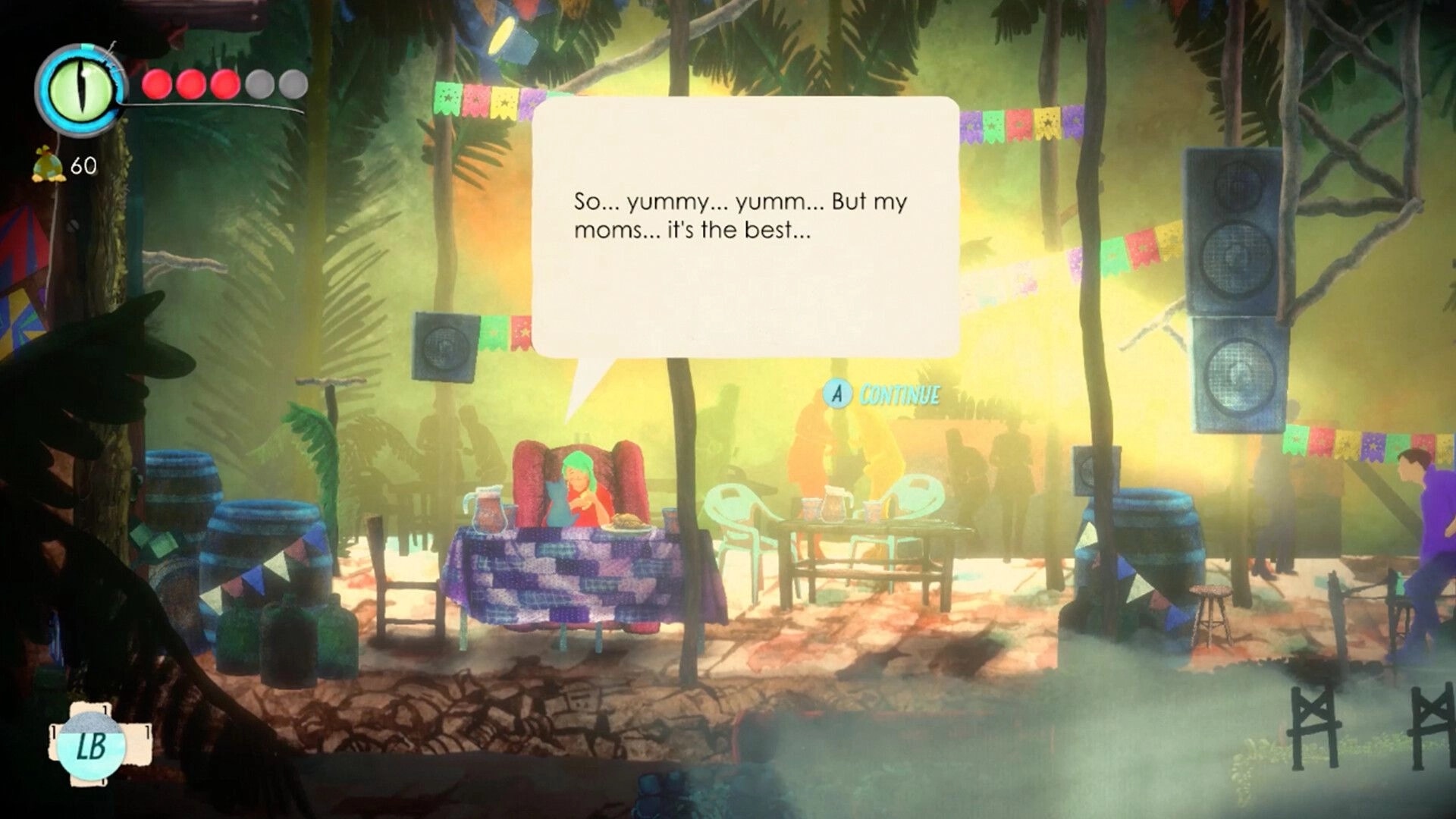 Bruma: Dialogue box over café tables and speakers in a misty forest party scene, A to continue.