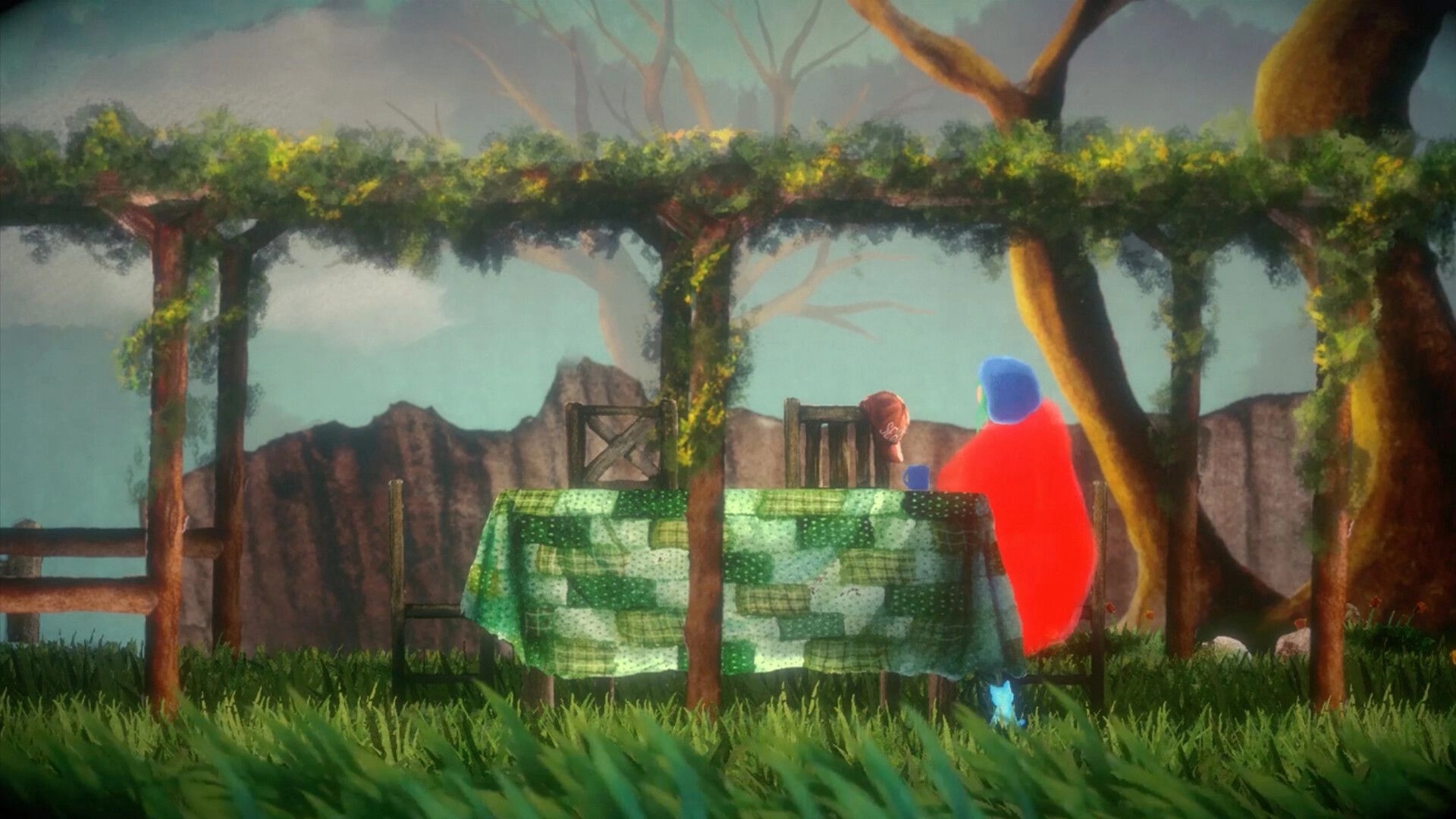 Bruma: Red-caped figure sits at a table under a vine-covered pergola in a misty garden scene.