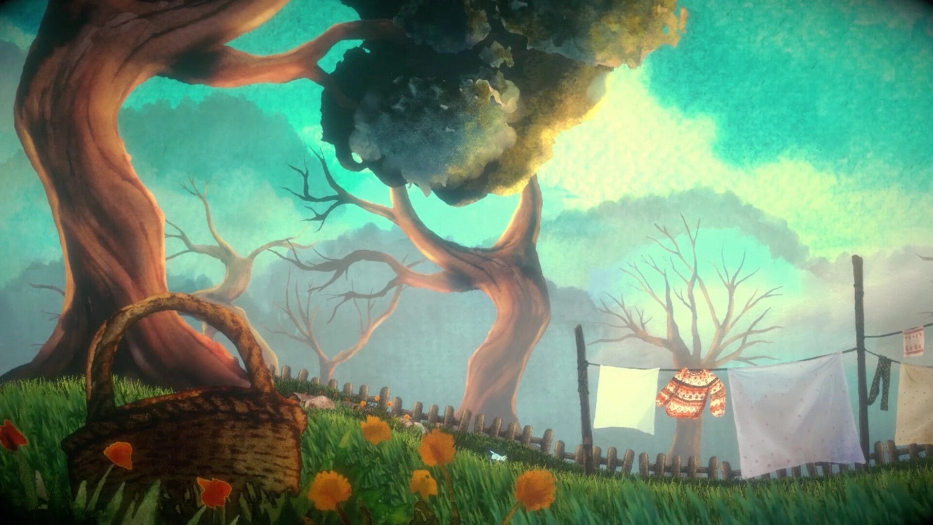 Bruma: Woven basket in grassy meadow with orange flowers, laundry line and twisted trees in mist.