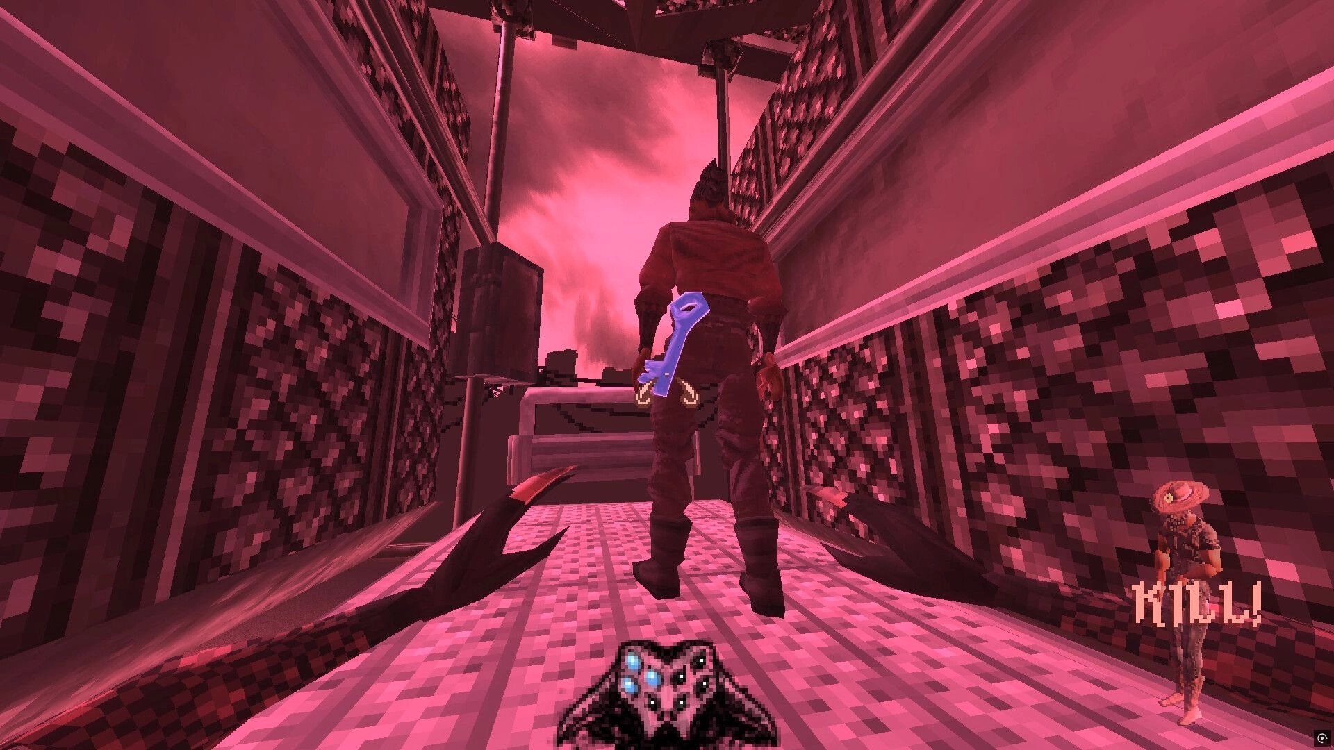 Brush Burial: First-person view stalking a guard with blue knife in a pink alley, "KILL!" HUD text.