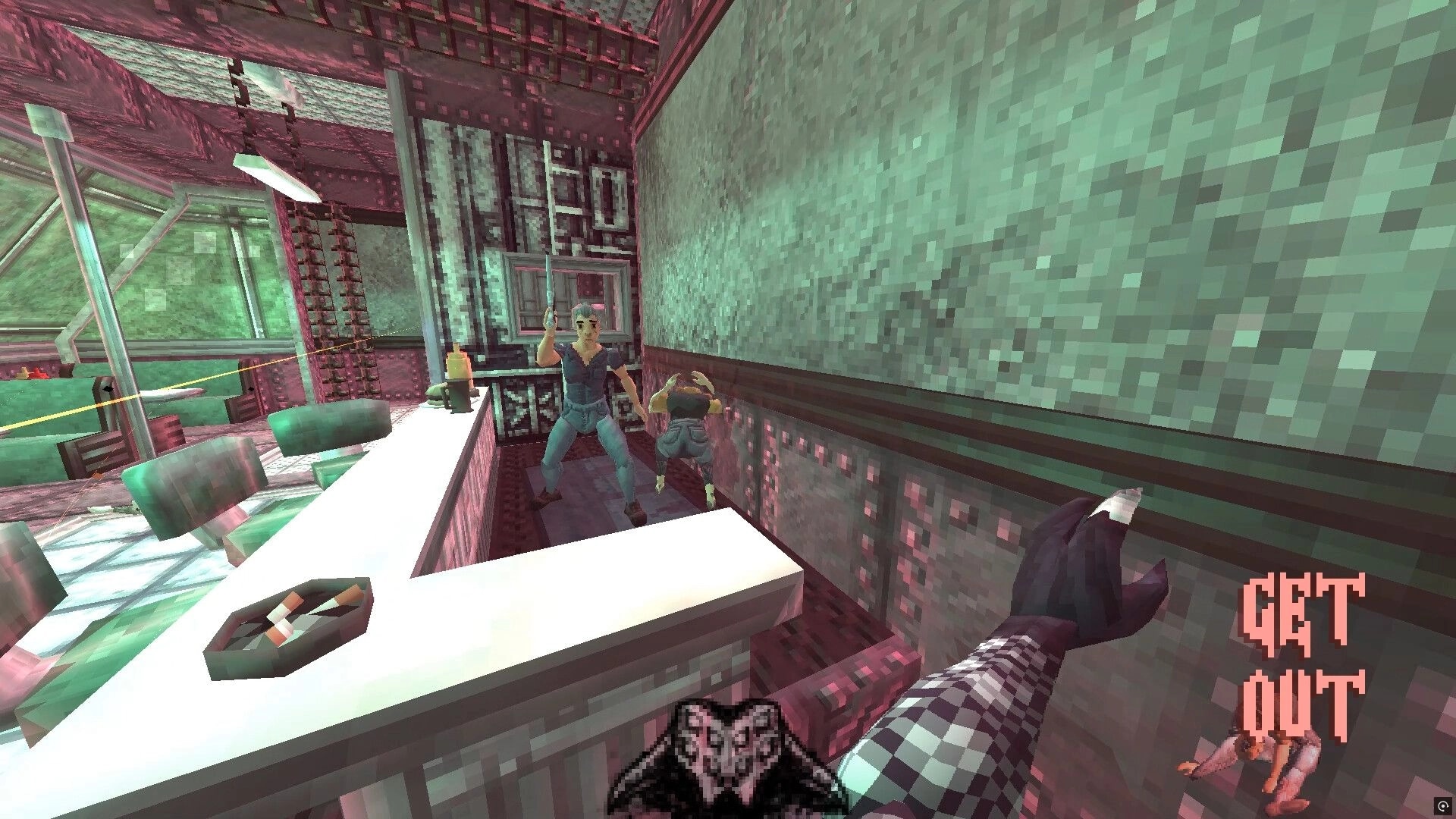 Brush Burial: First-person view of a knife-wielding thug in a diner booth, GET OUT warning UI.