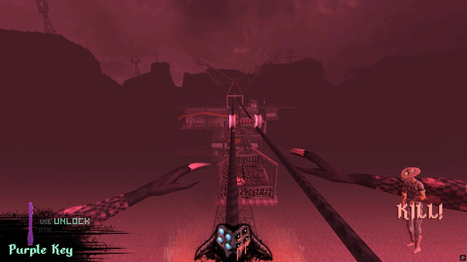 Brush Burial: First-person view aiming twin blades at a cable bridge over foggy red ruins, Purple Key HUD.