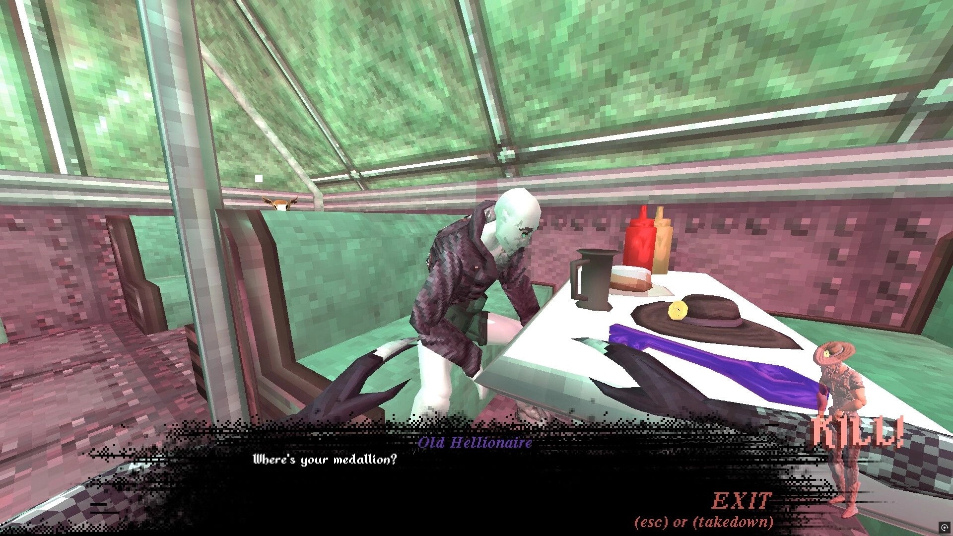 Brush Burial: Dialogue UI with Old Hellionaire at diner booth beside table items in neon cafe interior.
