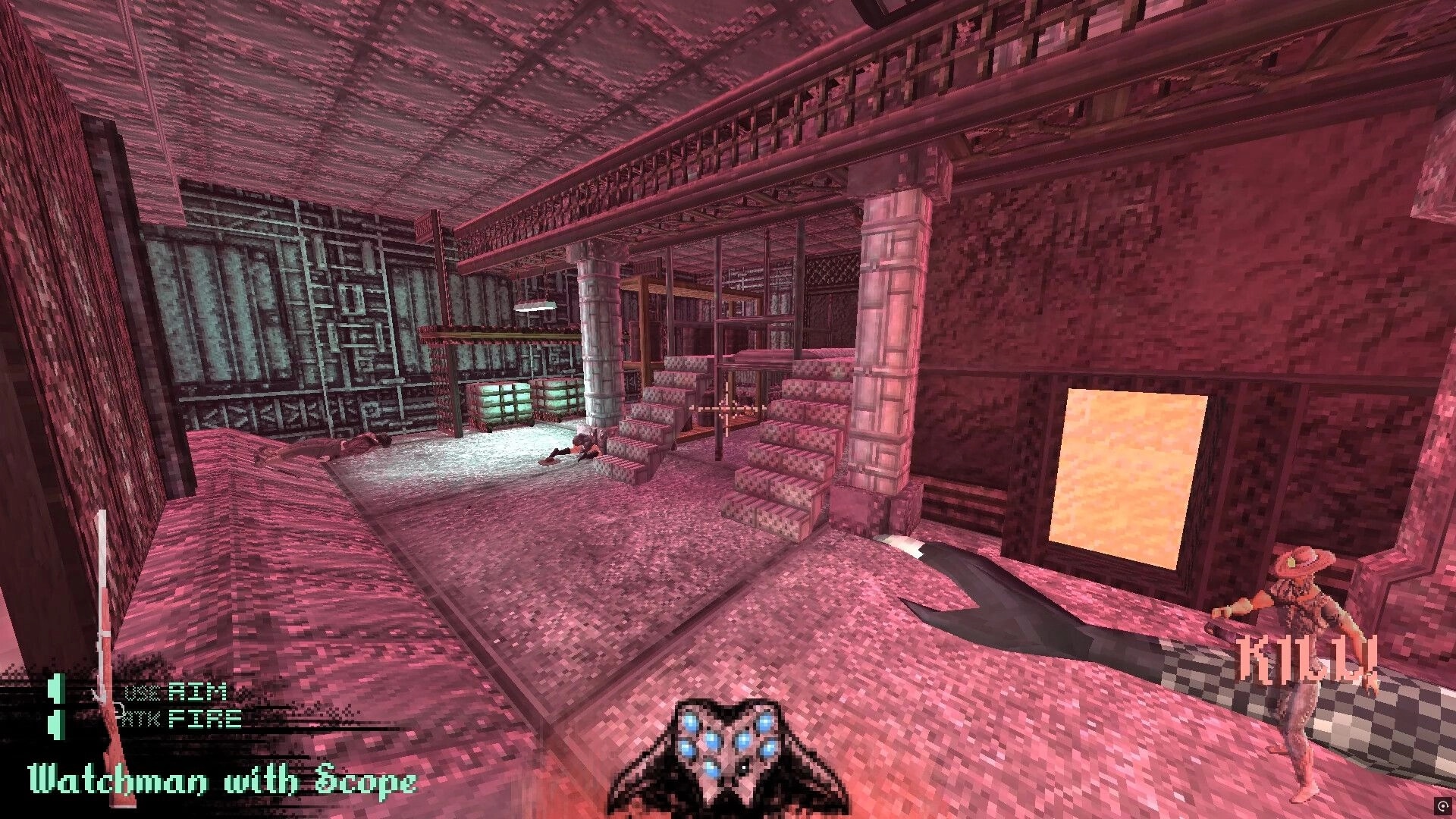 Brush Burial: First-person view after kills in pink industrial room with stairs, HUD and weapon text.