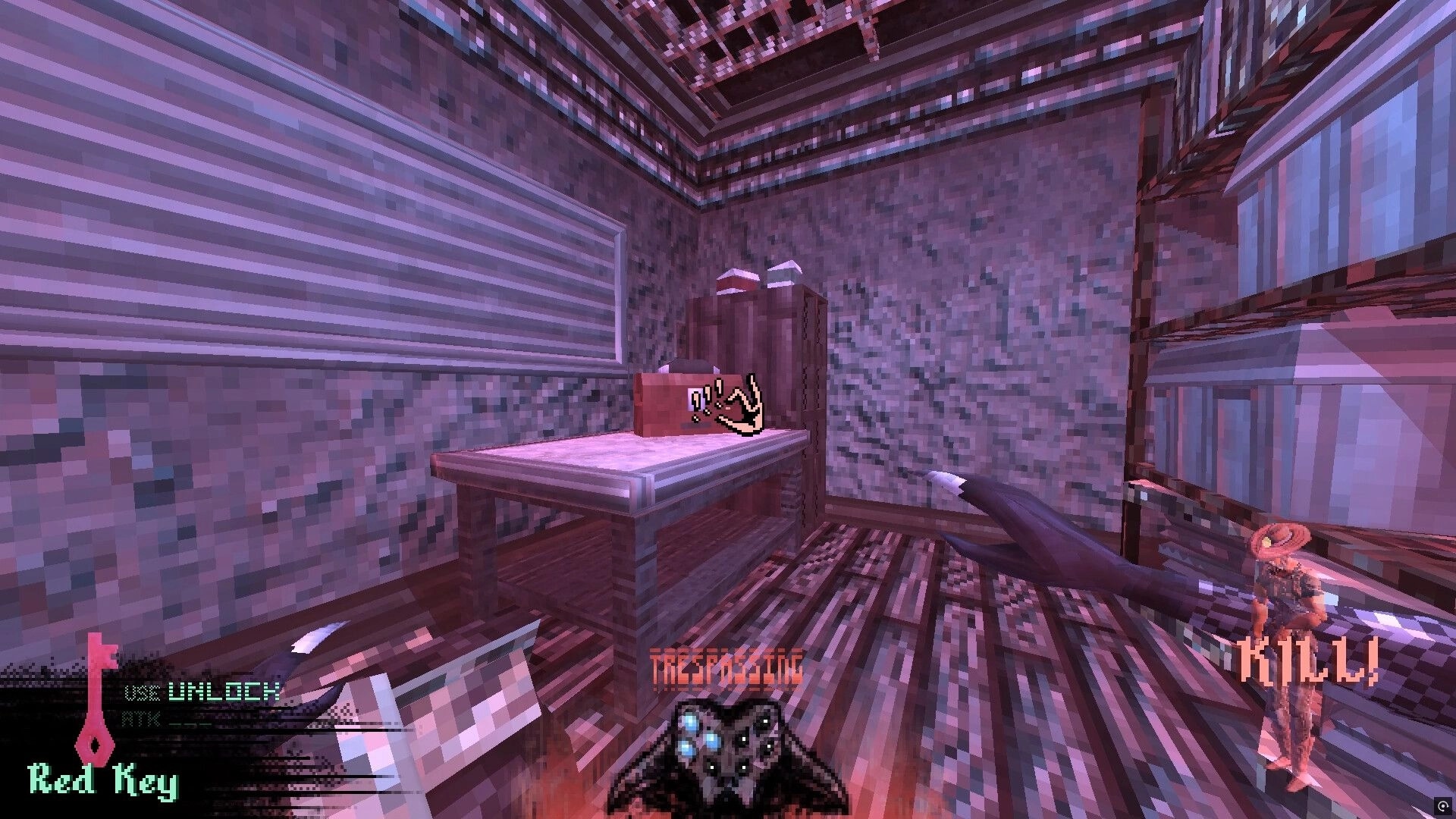 Brush Burial: Holding a red key near a table in a small room, with KILL!! prompt and UI text.