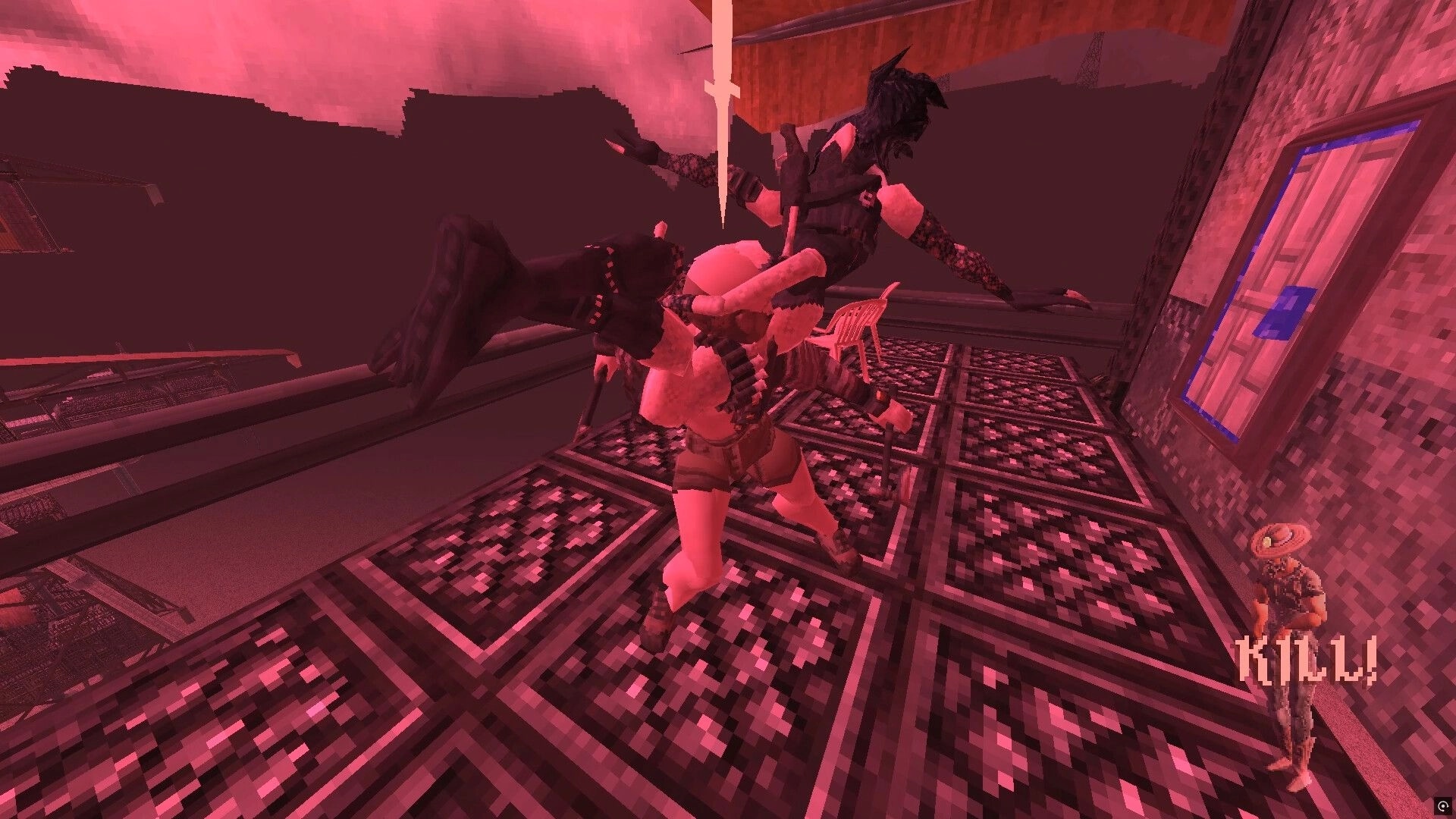 Brush Burial: Melee takedown throwing an enemy on a rooftop balcony, red sky and KILL! UI popup.