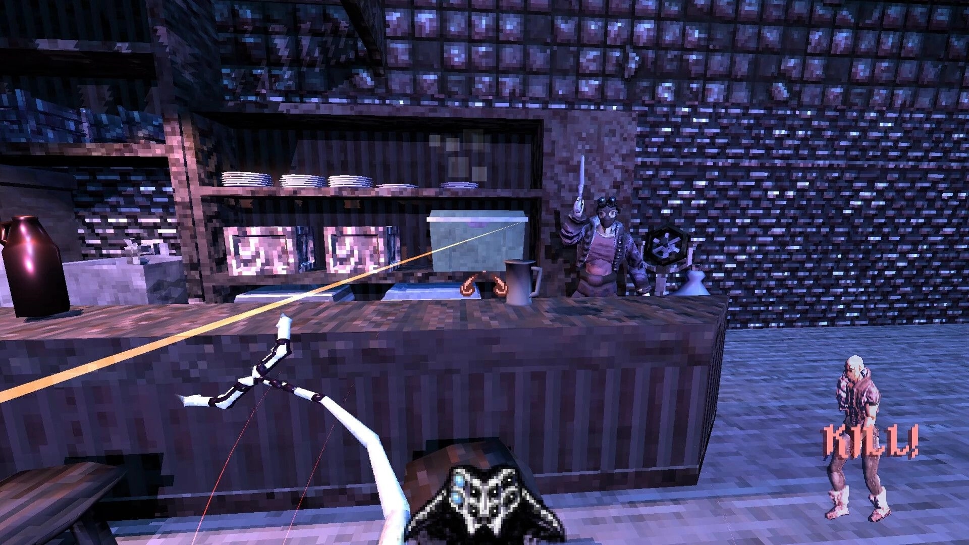 Brush Burial: Player aiming at enemy behind bar in dim, pixelated room; "KILL!" prompt visible.