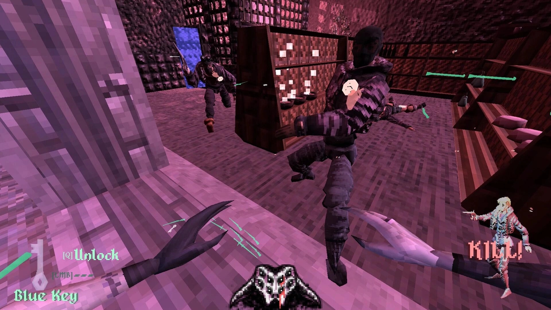 Brush Burial: First-person combat with enemies in a pixelated room; blue key and kill indicator visible