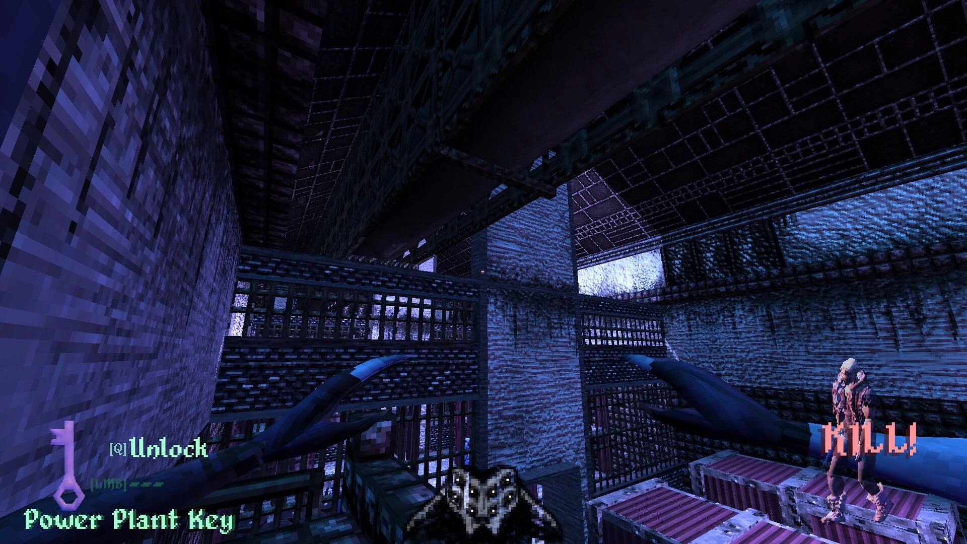 Brush Burial: Character on crates in dimly lit industrial area with "Kill" prompt and Power Plant Key UI.