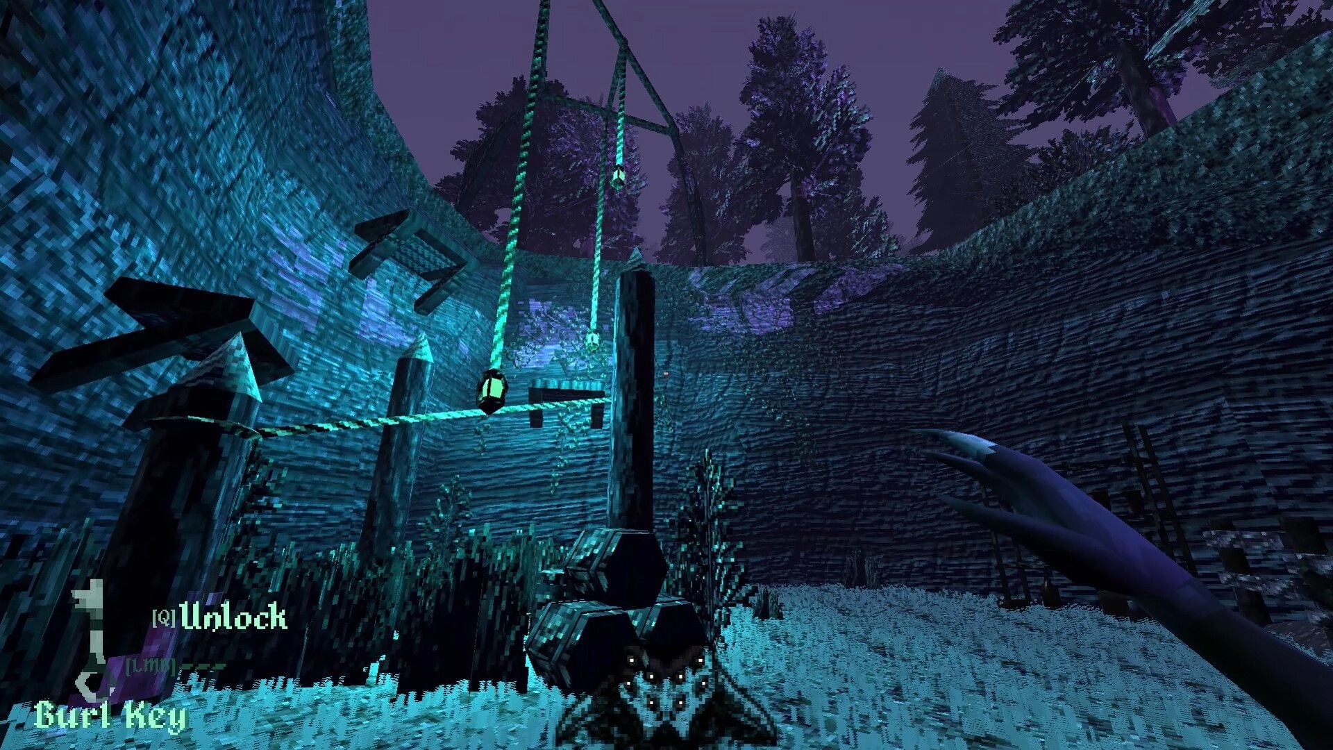 Brush Burial: Player climbs vertical ropes in a dimly lit, forested pit with HUD showing "Burl Key"