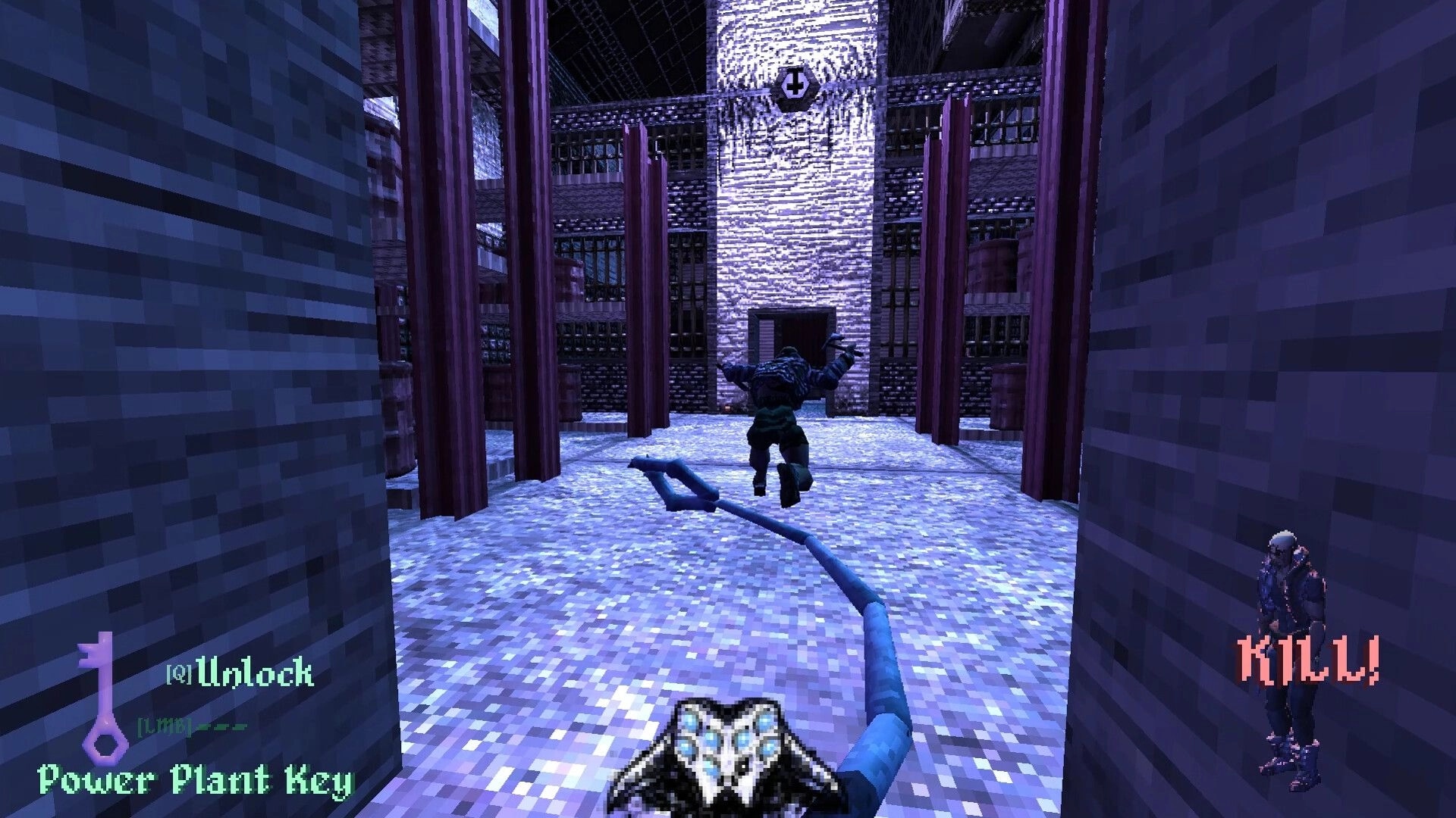 Brush Burial: Player chasing enemy with forked tail in dimly lit industrial corridor, key UI visible