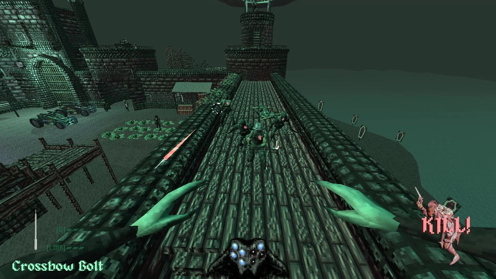 Brush Burial: First-person combat on a castle bridge with enemies and crossbow bolt UI displayed