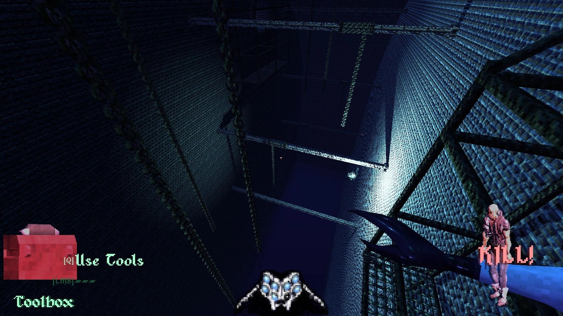 Brush Burial: Player aiming forked tail at enemy in dark vertical shaft with toolbox UI visible