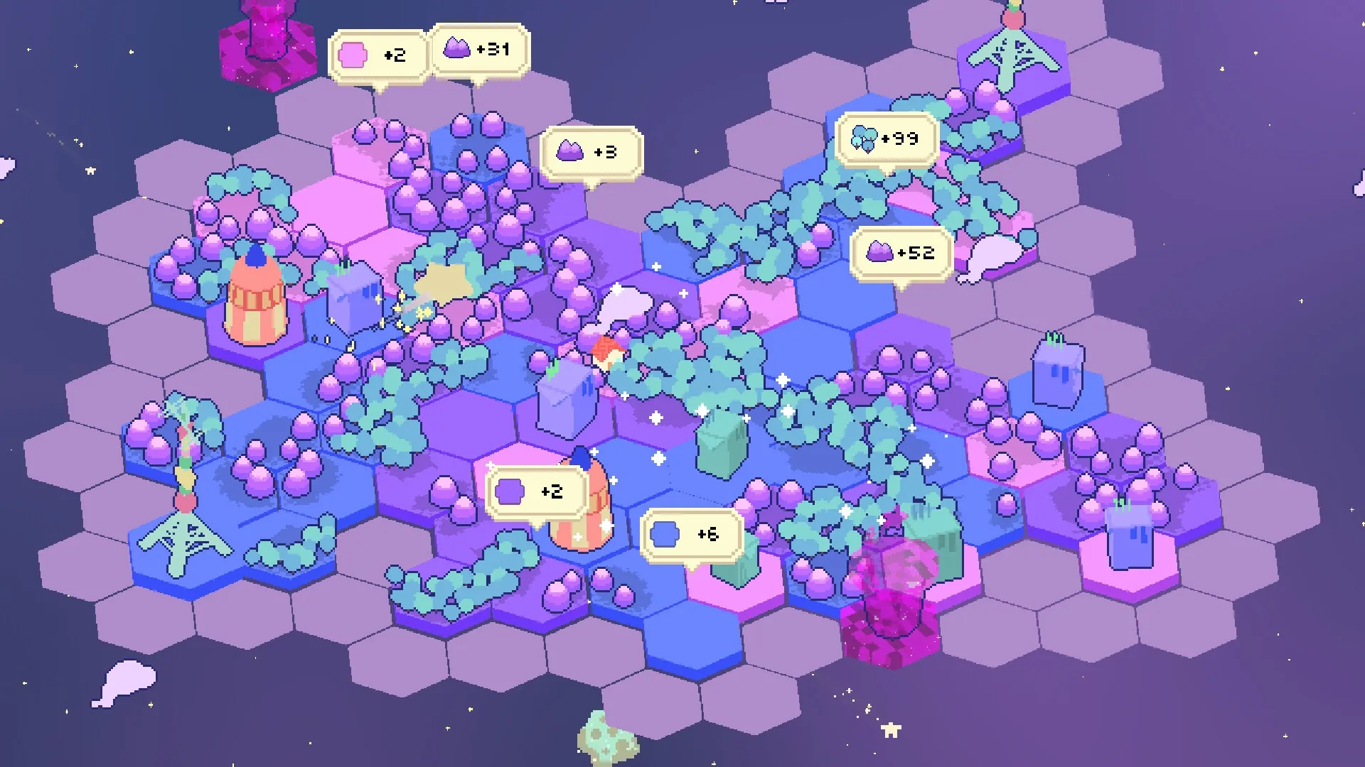 Bubblegum Galaxy: Hexagonal tiles with resources and structures in a vibrant, pastel-colored galaxy map