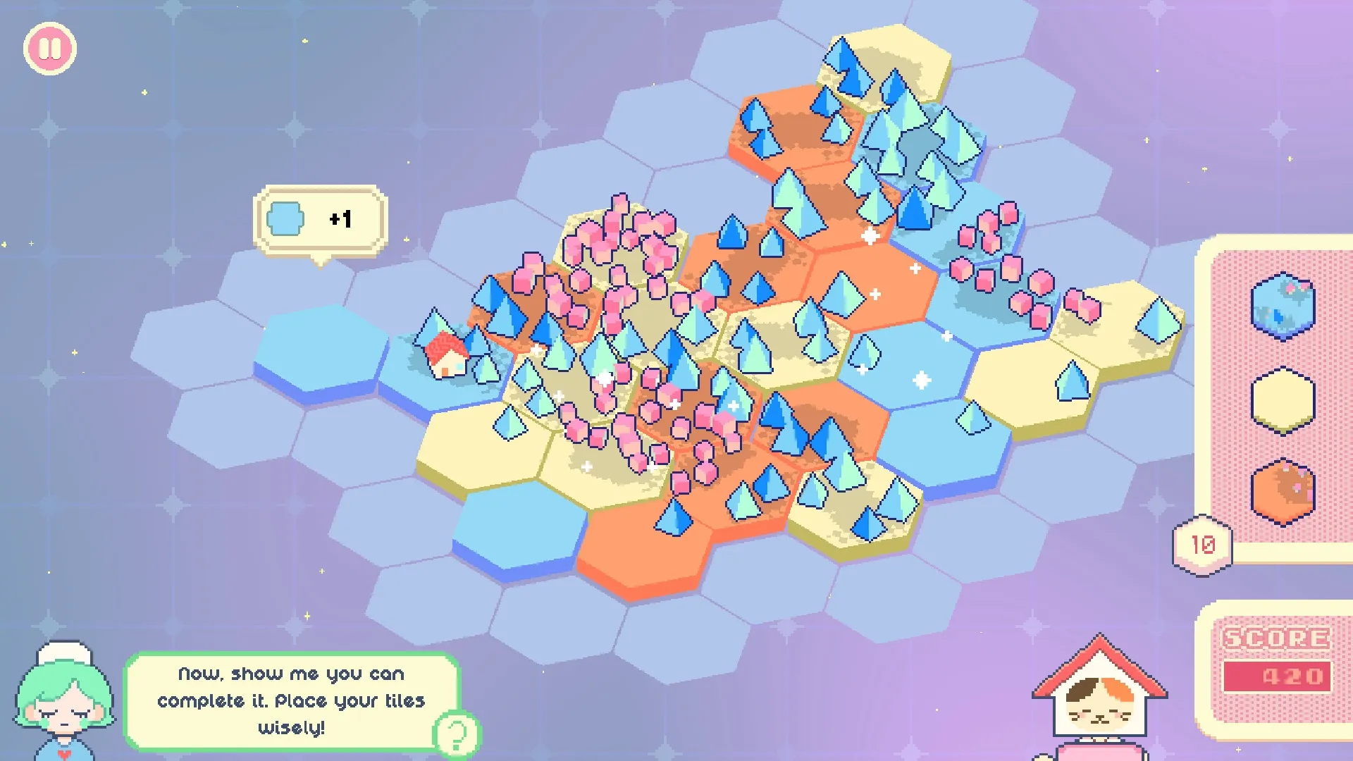 Bubblegum Galaxy: Hexagonal tile placement with trees and houses, guided by character in pastel environment