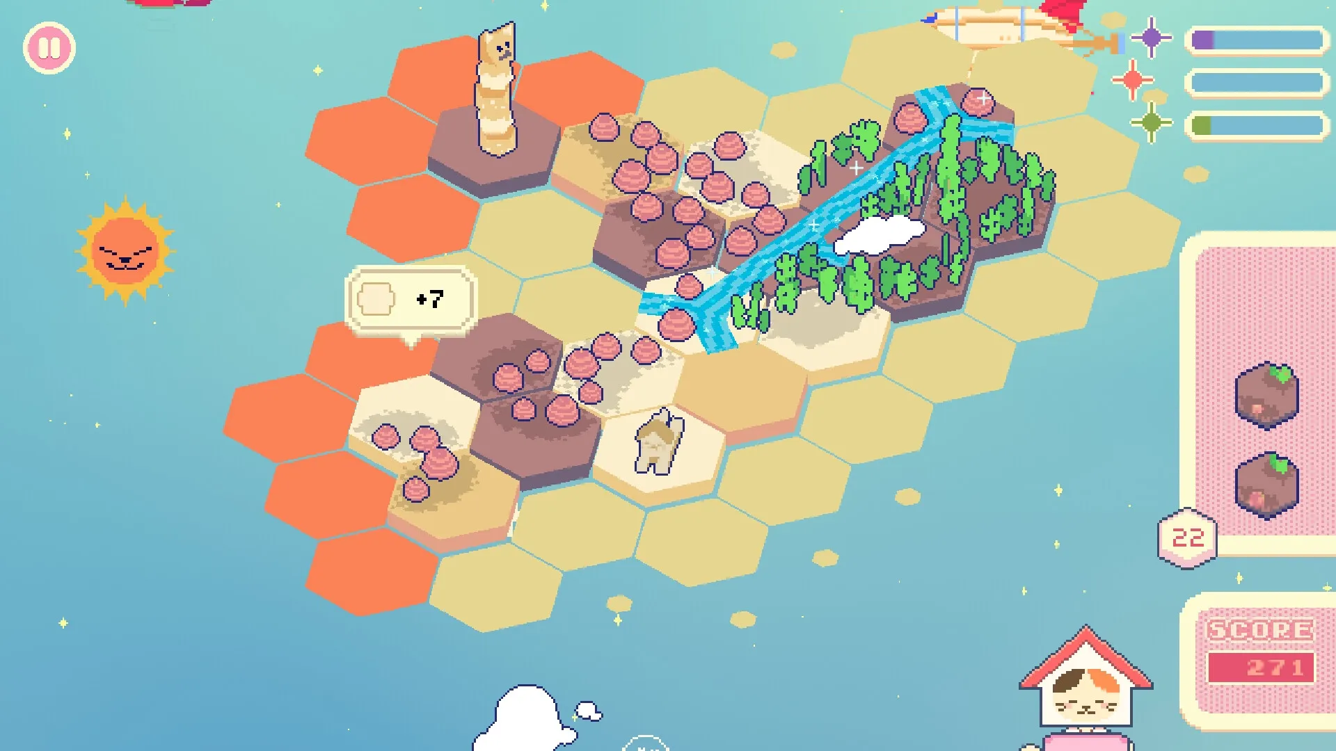 Bubblegum Galaxy: Hexagonal tiles with rivers and trees, smiling sun, and score display on interface