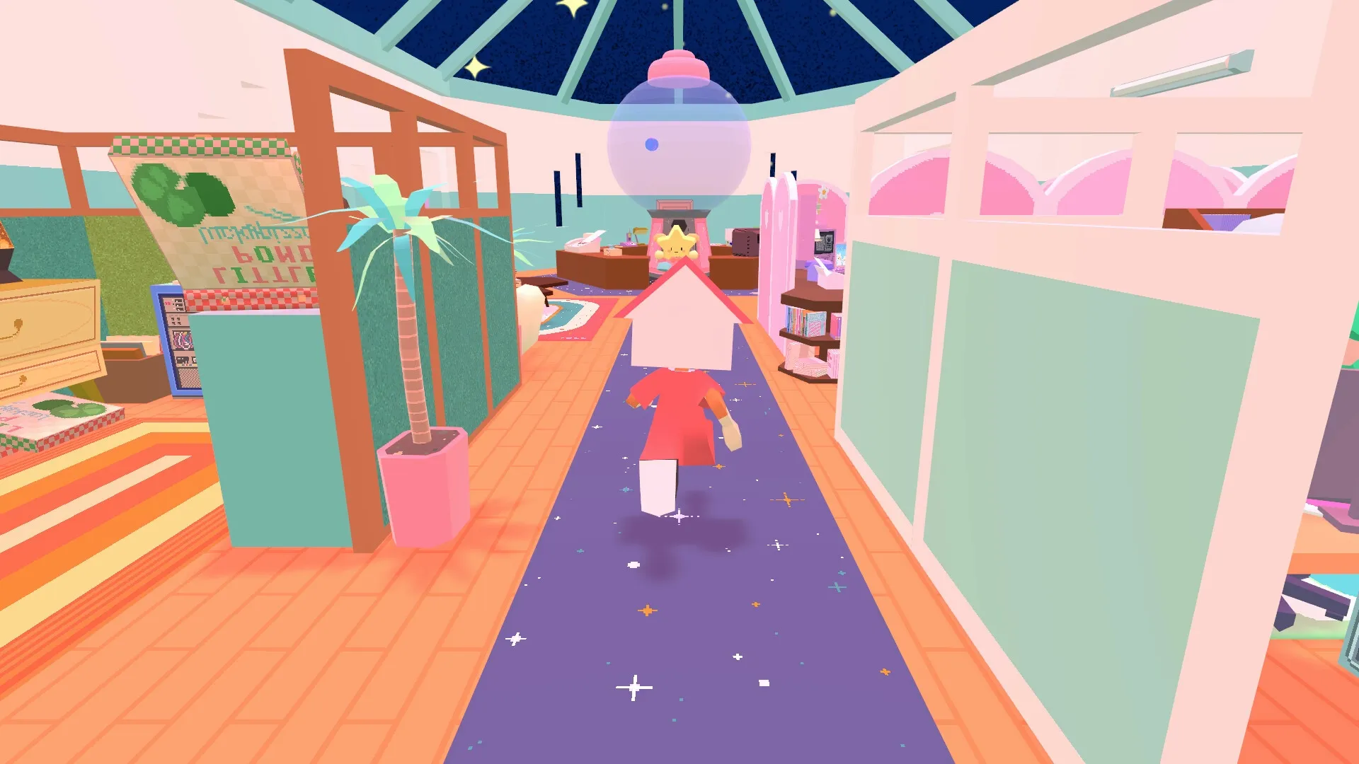 Bubblegum Galaxy: Character walks through colorful office with starry carpet and large gumball machine