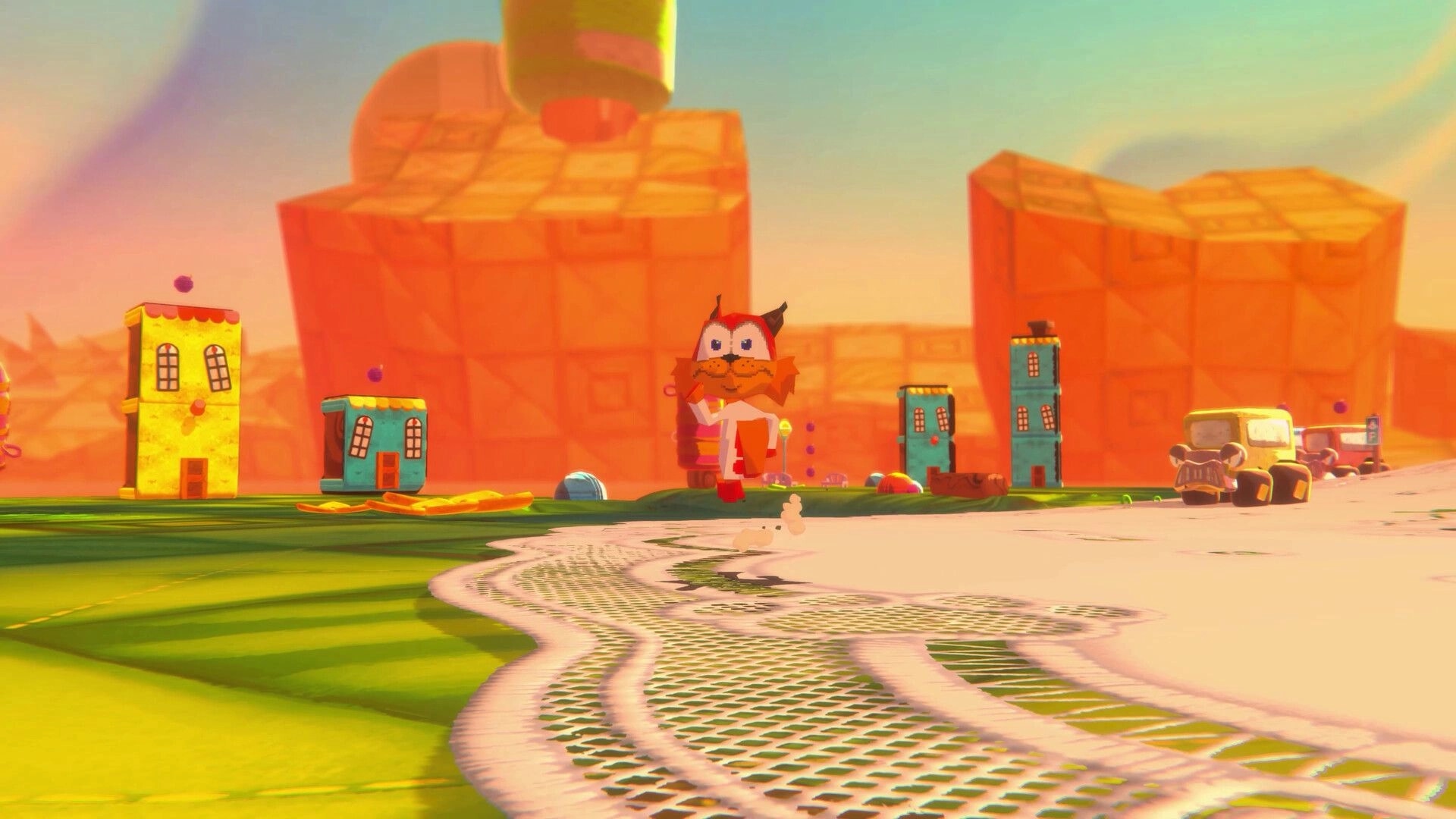 Bubsy 4D: Bubsy running on a colorful alien planet with cartoon buildings and yarn balls around