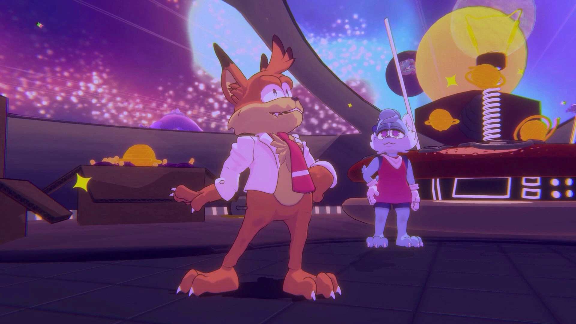 Bubsy 4D: Bubsy stands confidently beside an ally in a vibrant, futuristic space station setting.