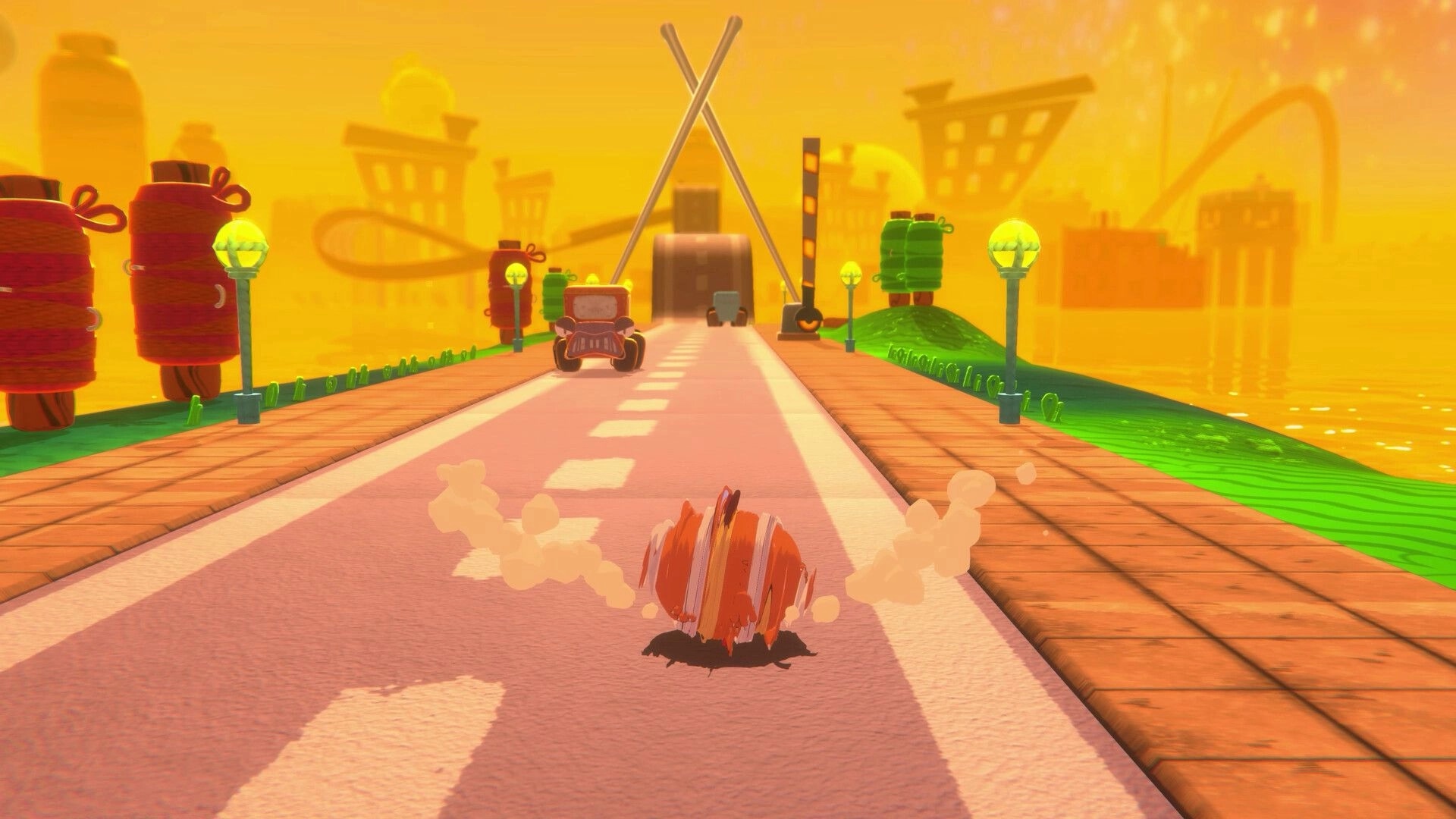 Bubsy 4D: Bubsy rolling down a yarn-themed highway with cars and towering yarn spools in the distance.