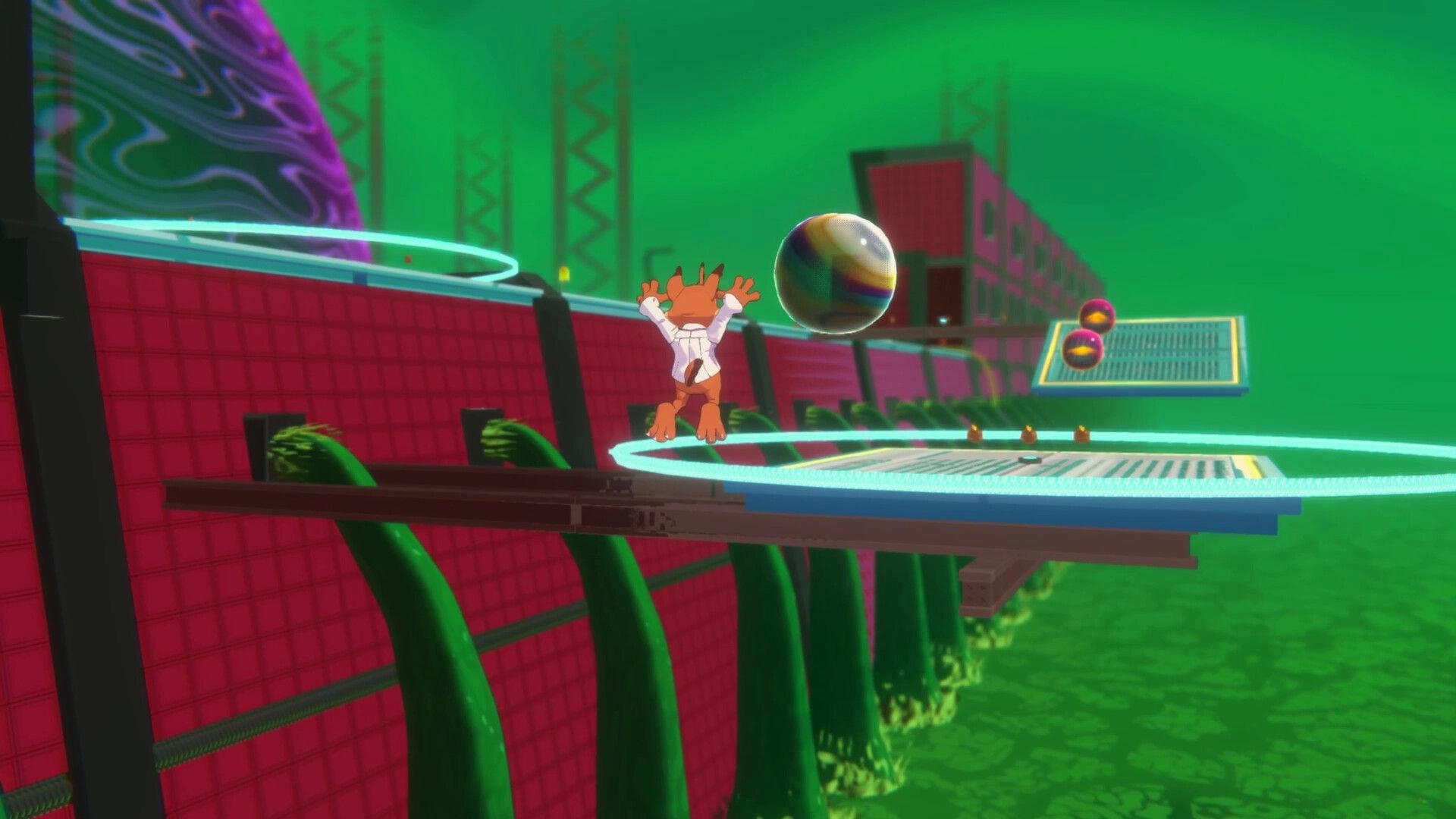 Bubsy 4D: Bubsy jumps toward a giant yarn ball on a platform surrounded by alien green landscape