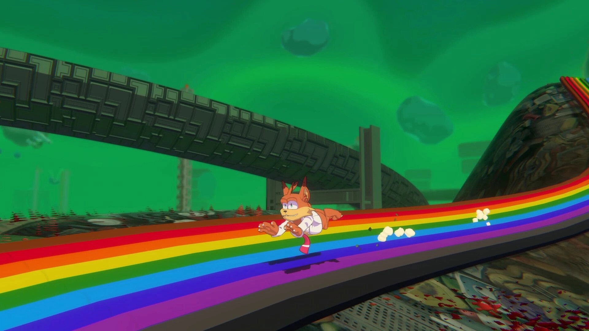 Bubsy 4D: Bubsy running on a vibrant rainbow path under green sky with futuristic structures around.