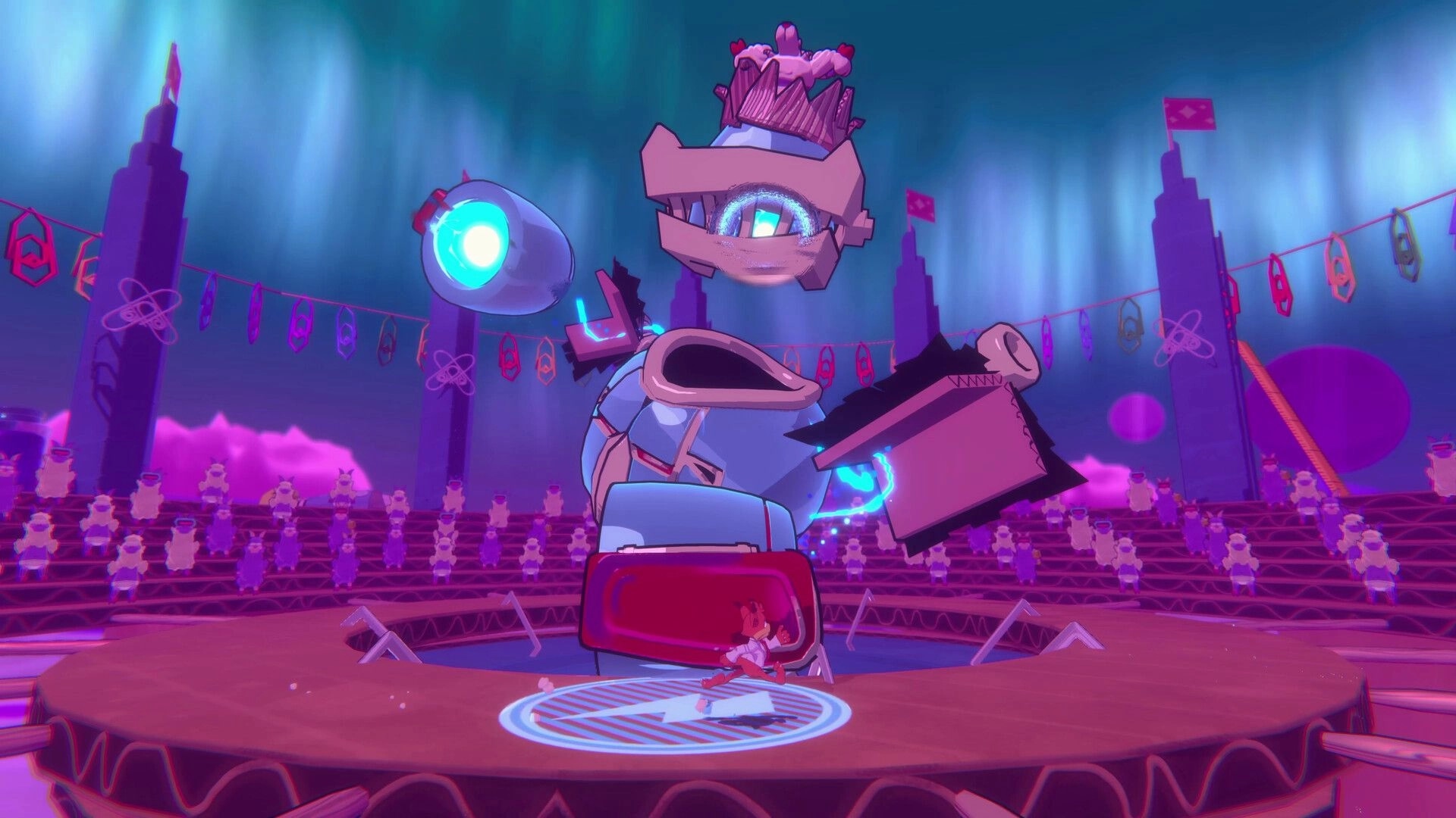 Bubsy 4D: Bubsy battling a giant robotic sheep boss in a vibrant, alien arena with cheering crowds.